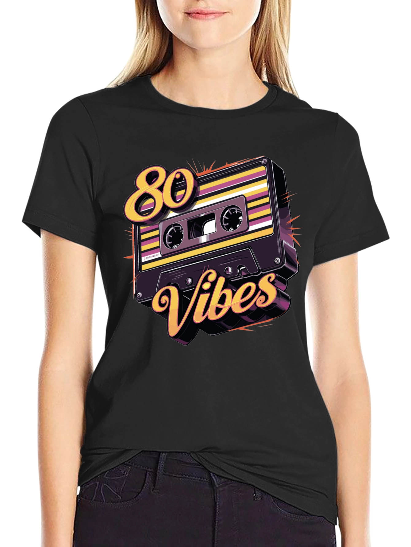 Black Retro 80s Vibes Cassette Tape Graphic Tee view 2