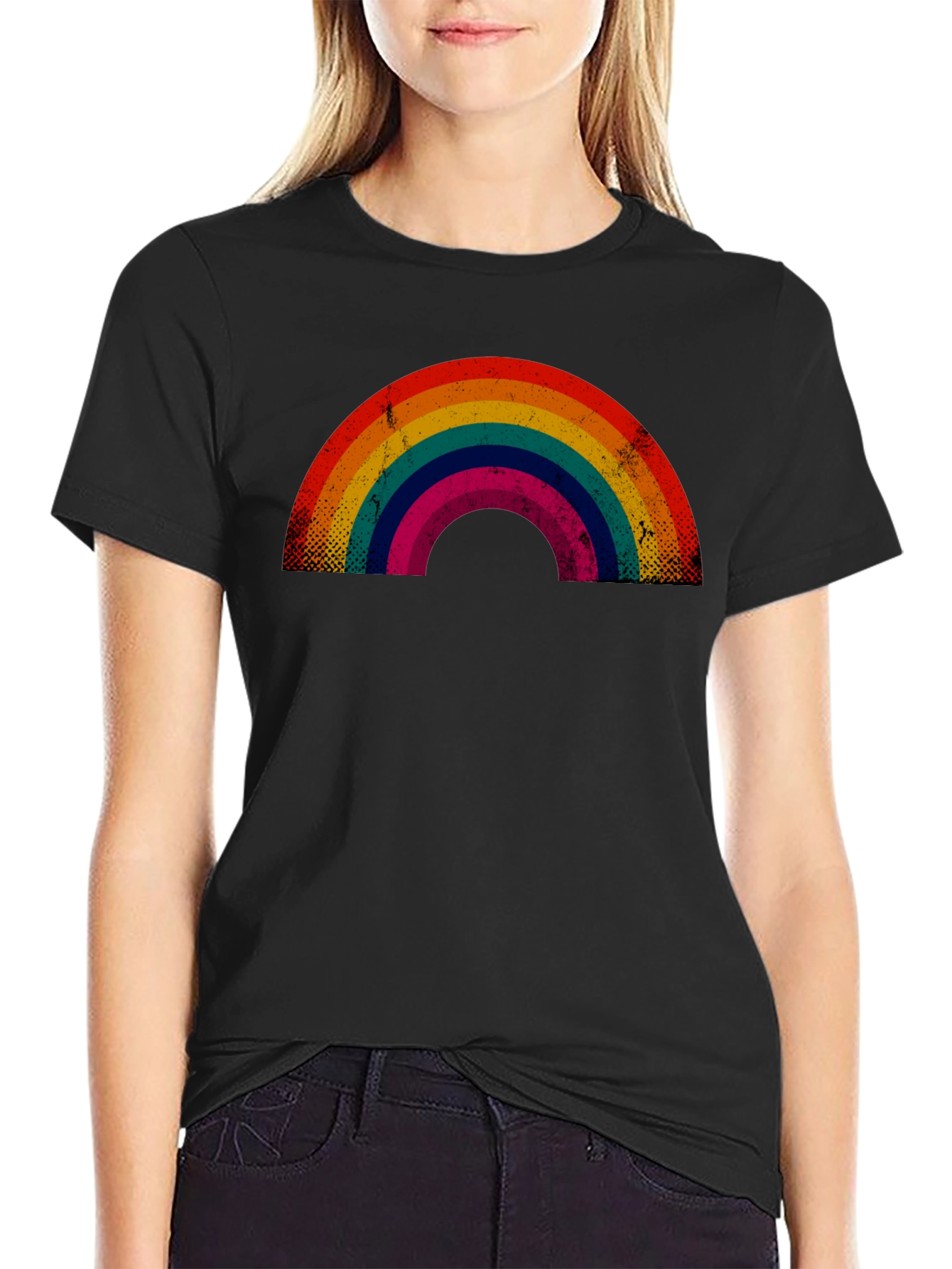 Black Retro Rainbow Graphic Tee - Black Cotton Blend view 2