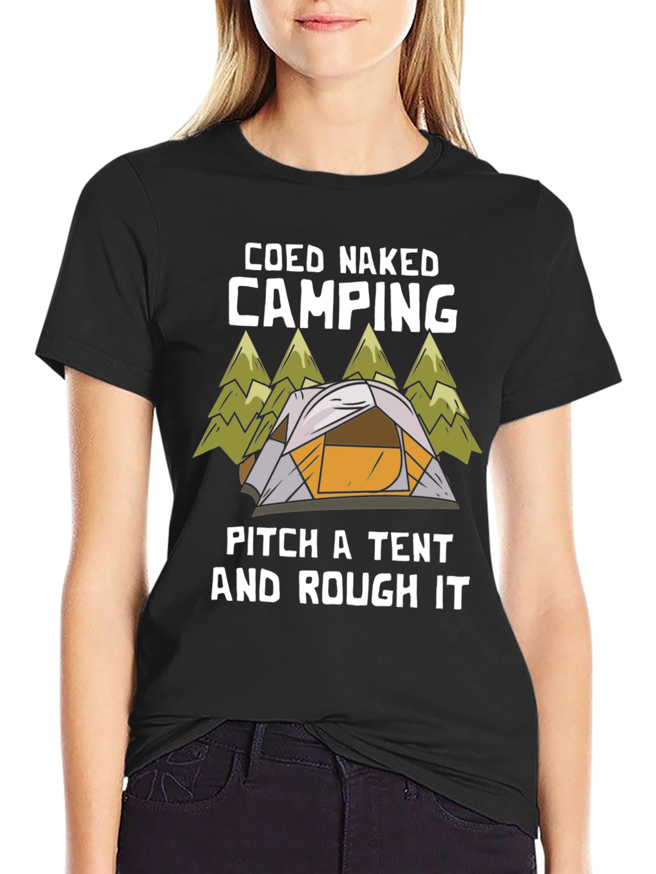 Black Coed Naked Camping T-Shirt: Pitch a Tent & Rough It! view 2