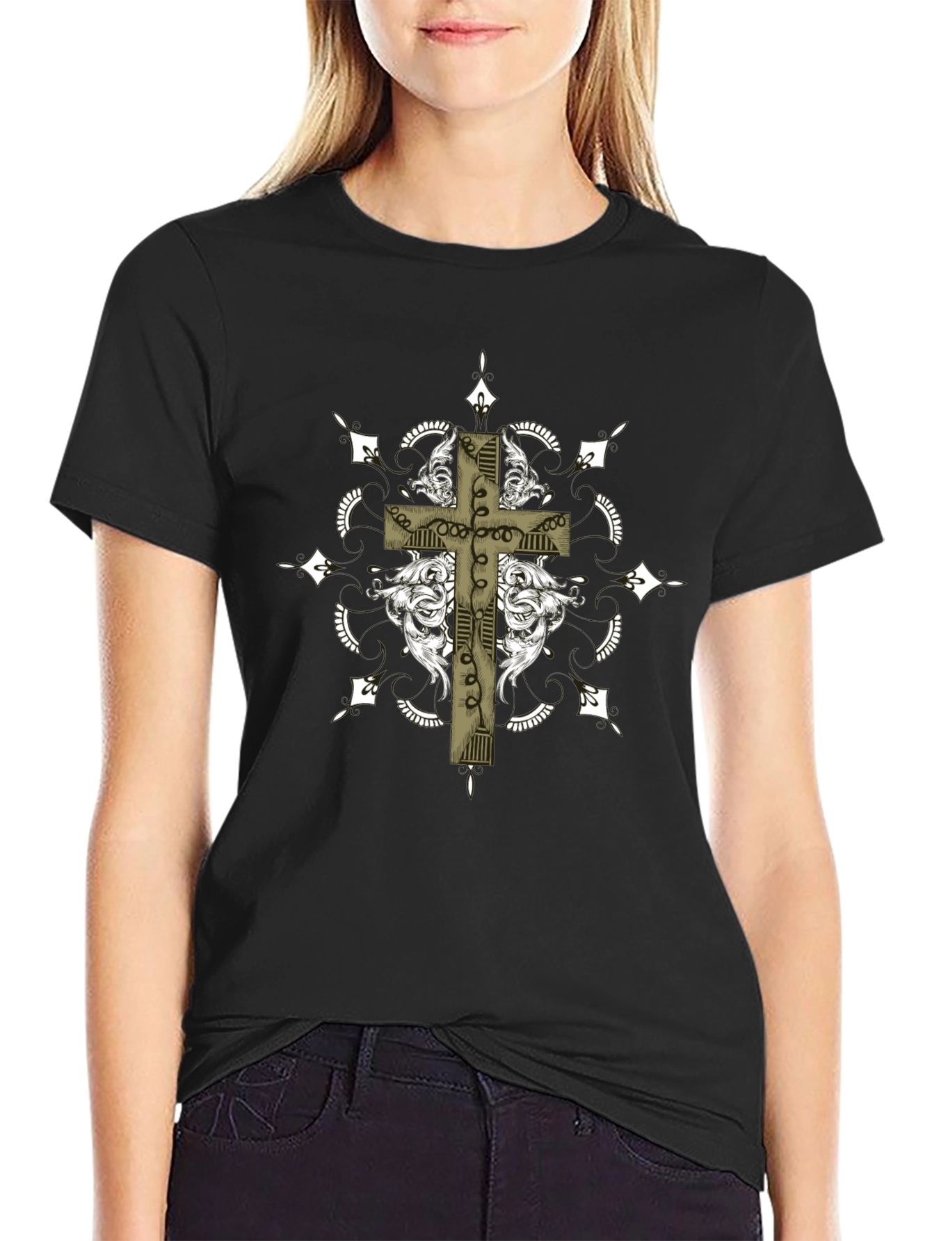 Black Gothic Cross Graphic Tee - Black Crew Neck view 2