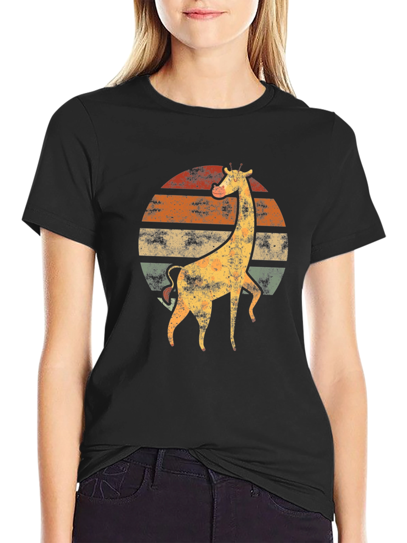 Black Retro Giraffe Sunset T-Shirt - Vintage Animal Tee view 2