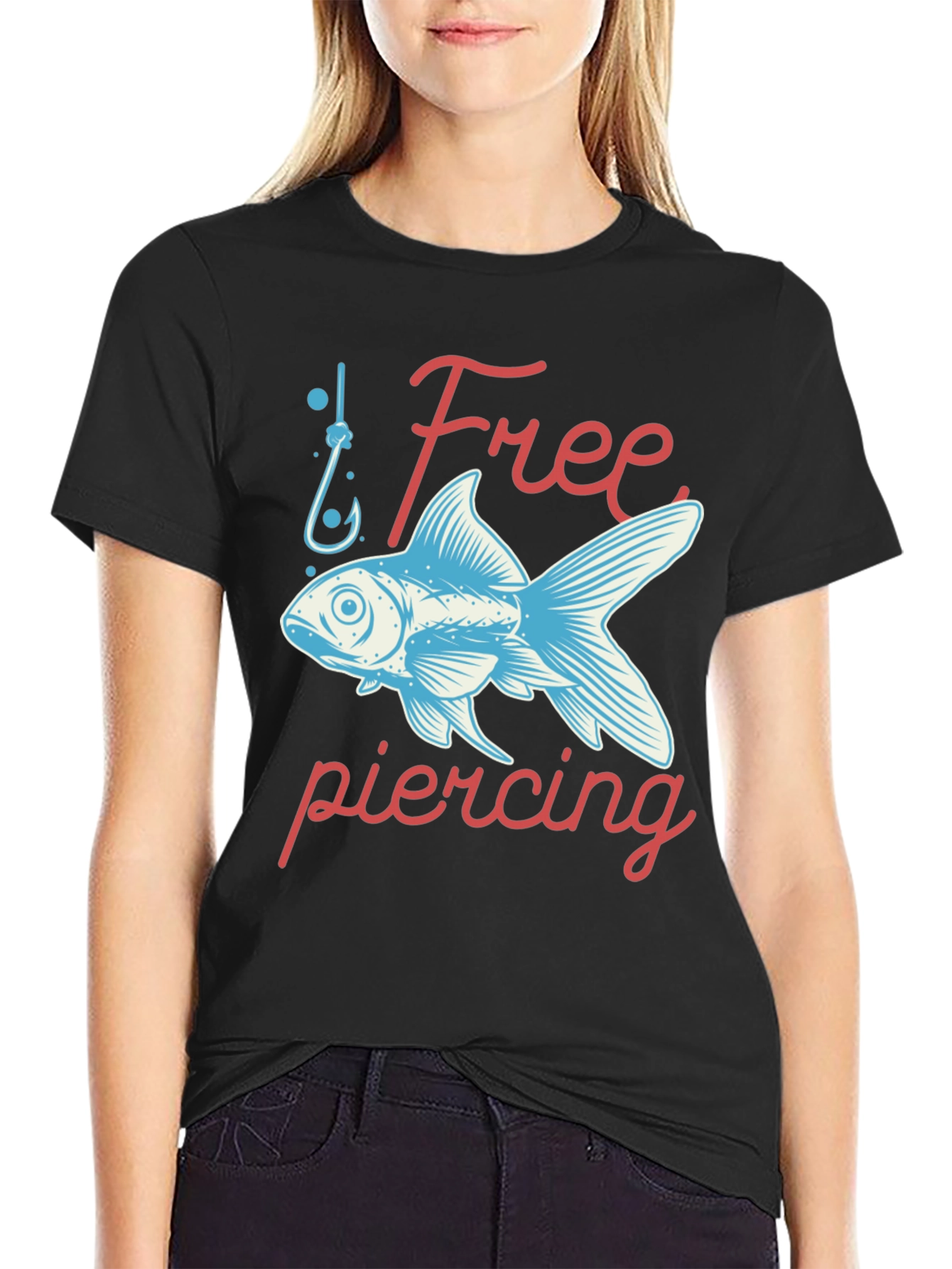 Black Free Piercing Fish Graphic Tee - Black Cotton T-Shirt view 2