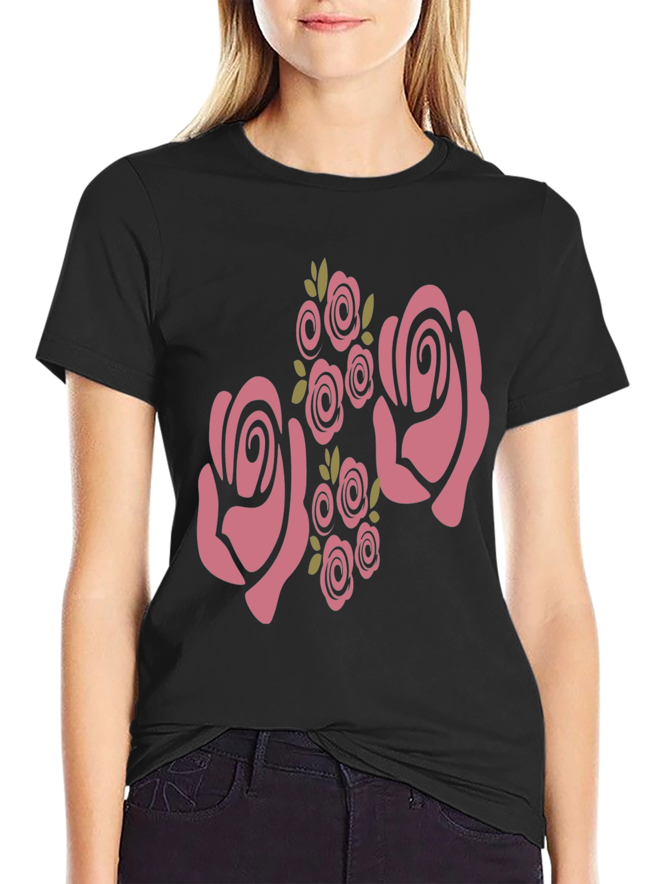 Black Floral Rose Graphic Black T-Shirt view 2