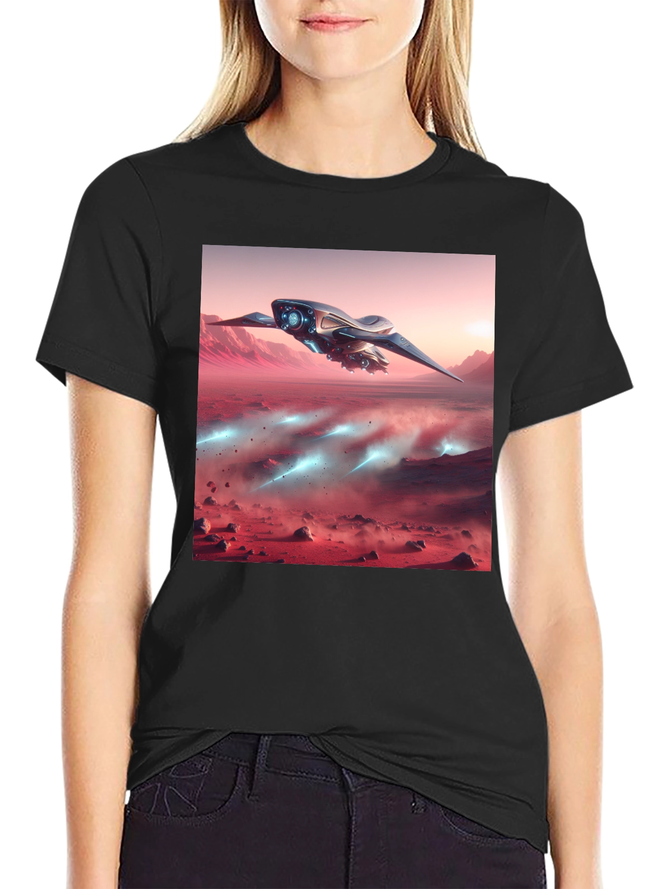 Black Sci-Fi Spaceship Graphic Tee - Black view 2