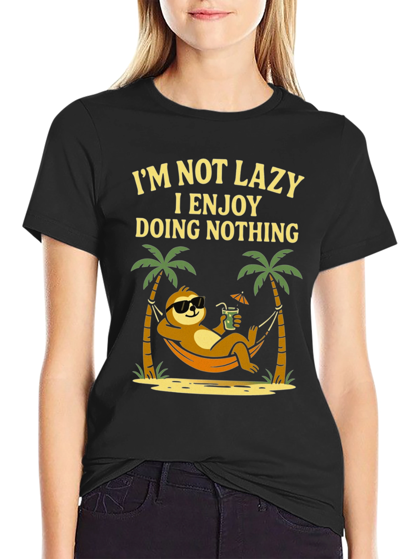 Black Lazy Sloth Beach T-Shirt - Enjoy Doing Nothing view 2