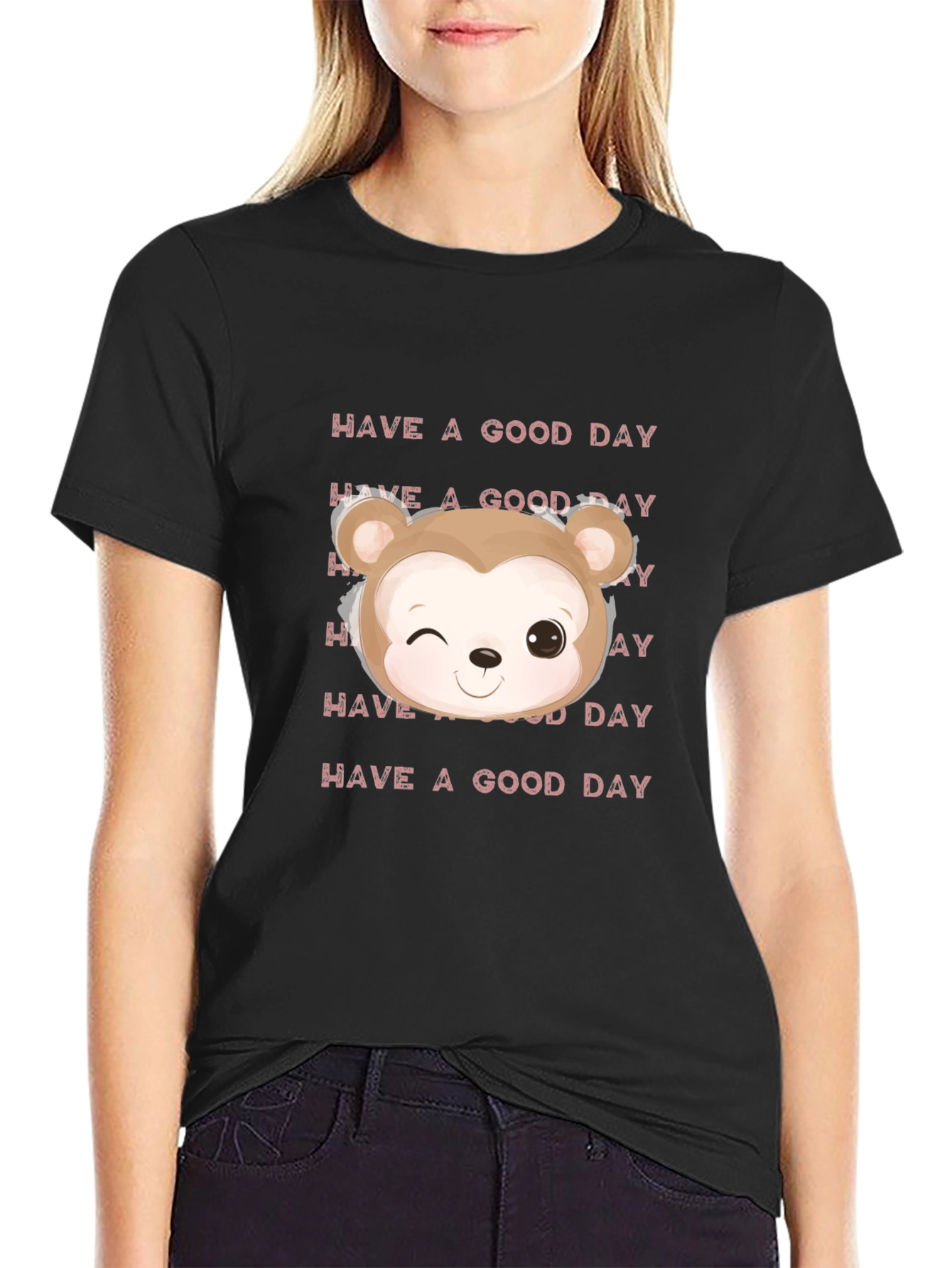 Black Cute Cartoon Bear Graphic T-Shirt, Black view 2