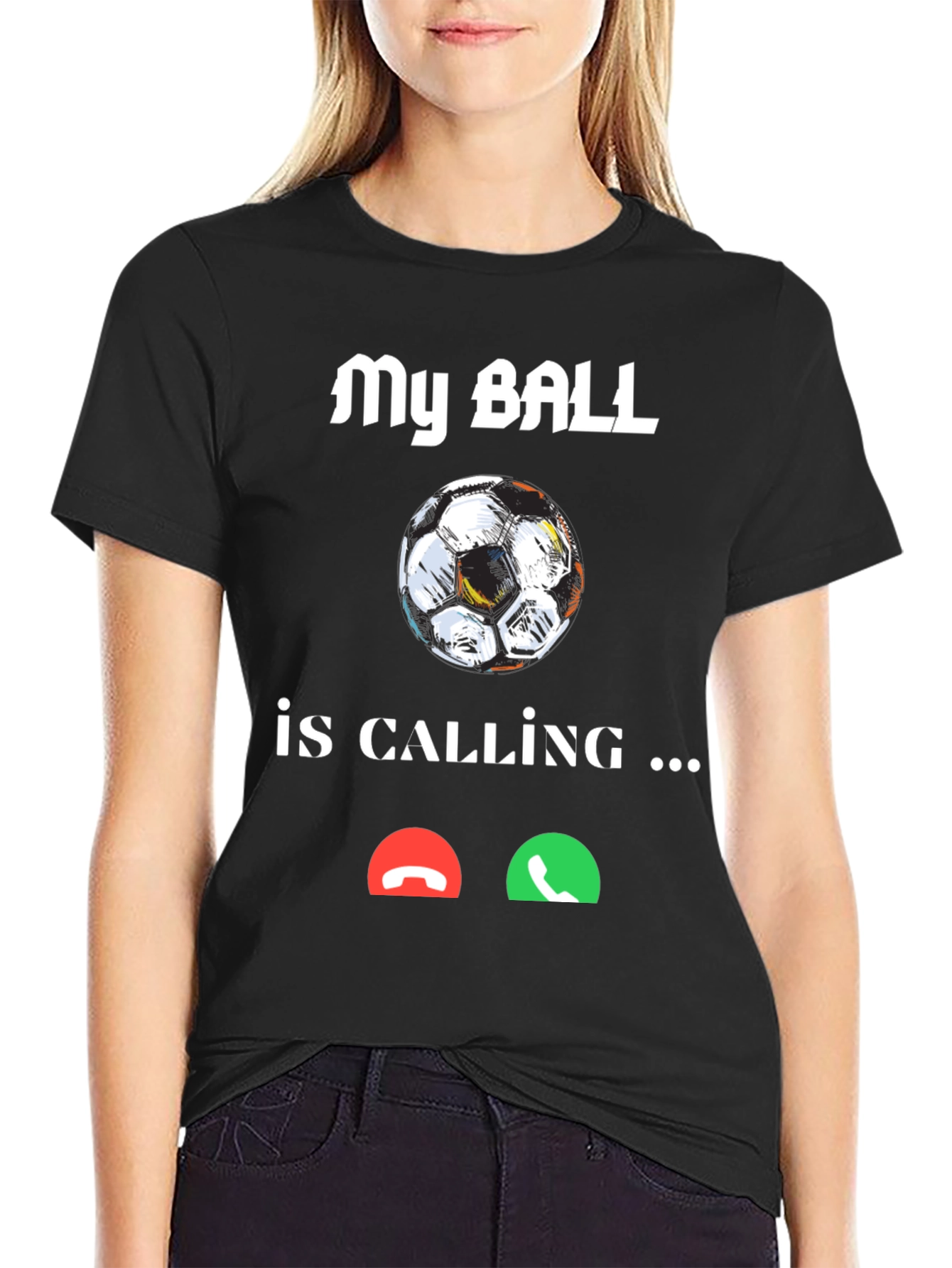 Black Funny Soccer Ball Calling T-Shirt view 2