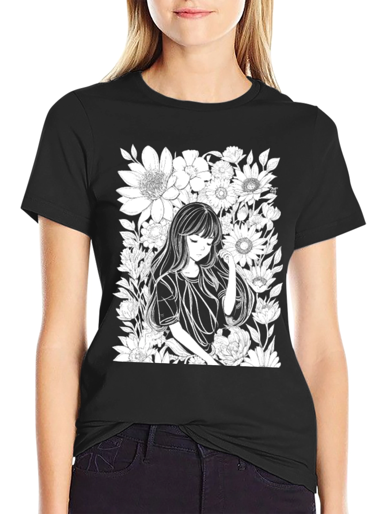 Black Anime Girl Floral T-Shirt - Black Cotton Tee view 2