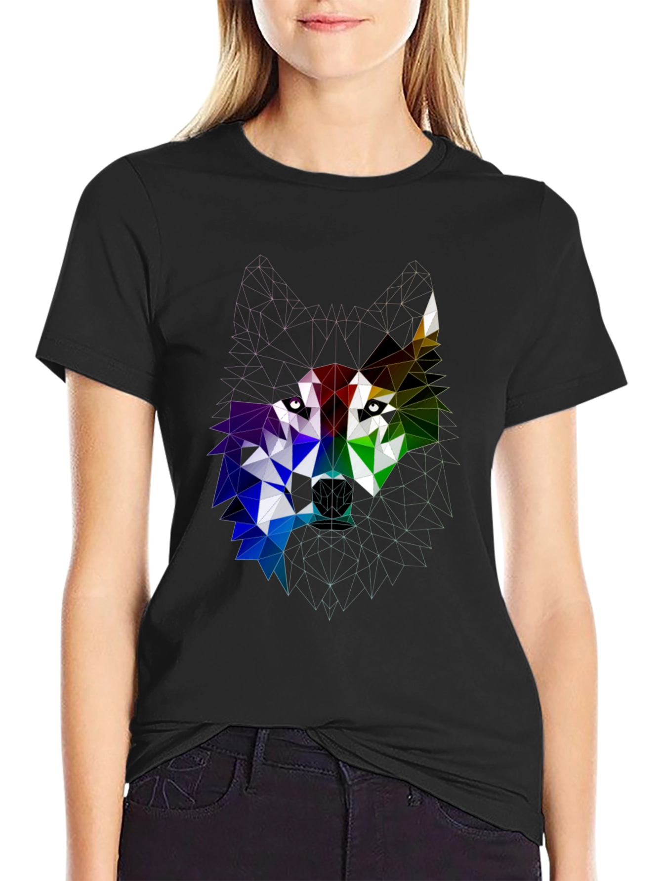 Black Geometric Wolf Head Graphic Tee - Bold Modern Design view 2