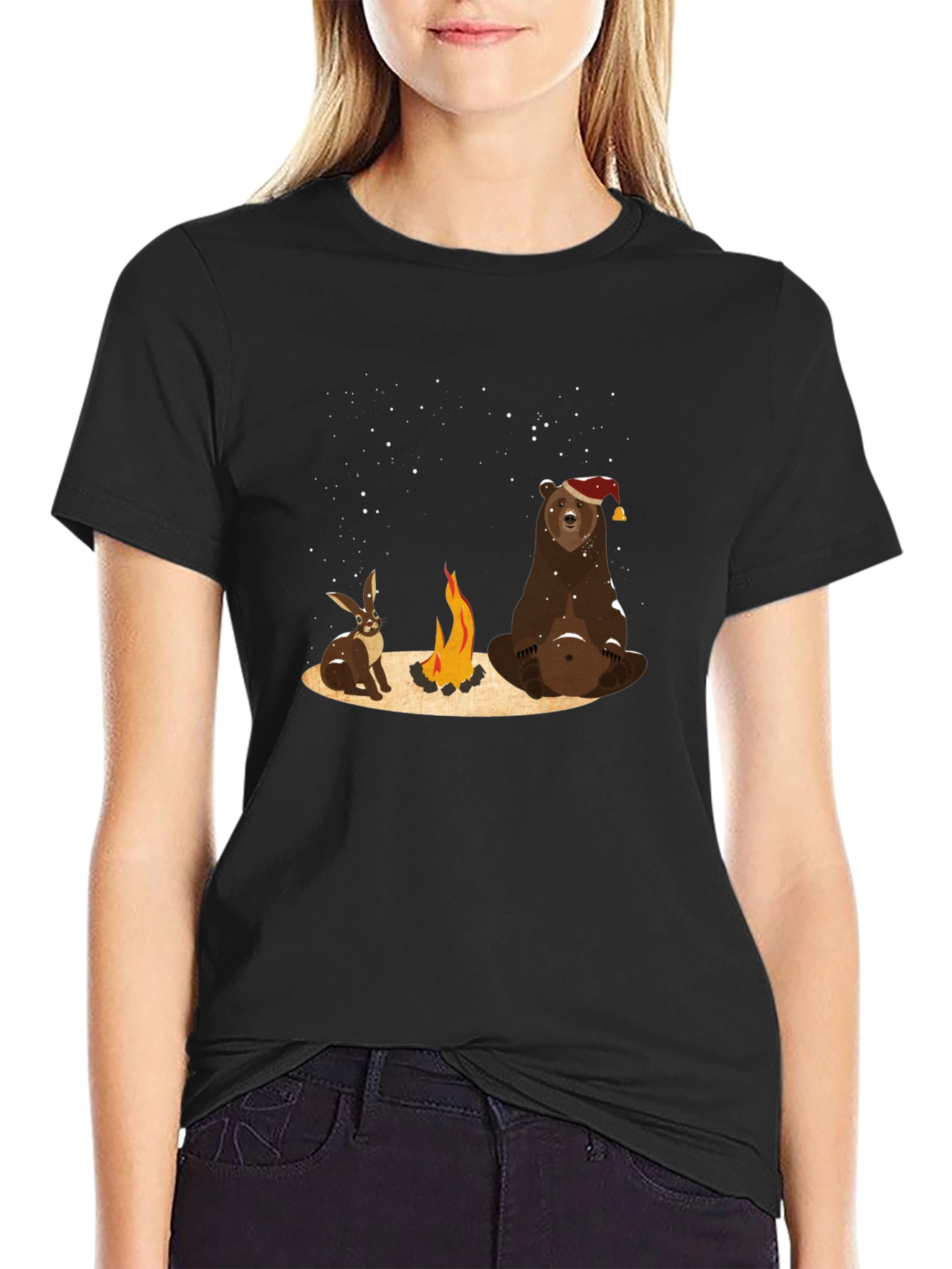 Black Bear and Bunny Campfire T-Shirt - Cozy and Cute view 2