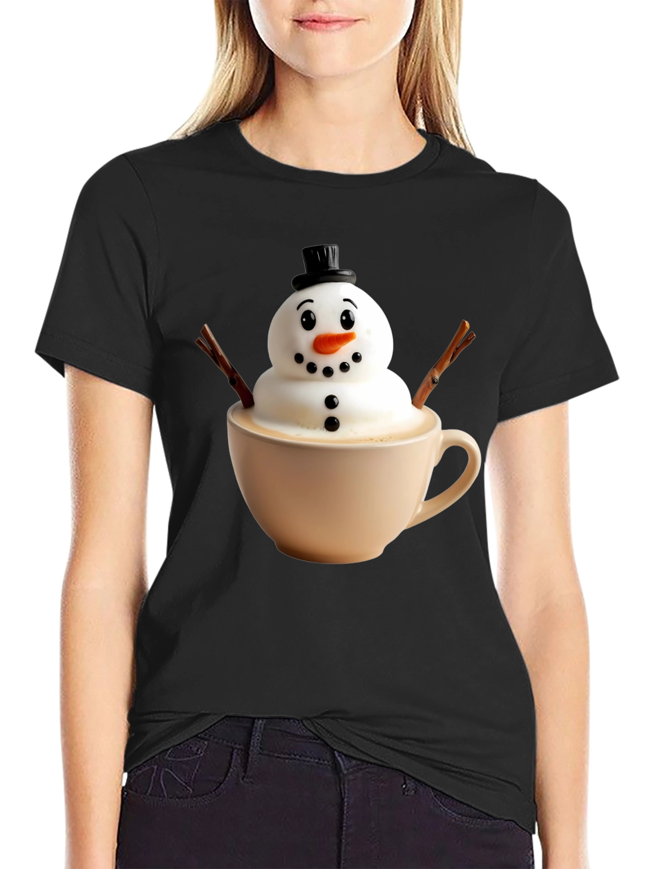 Black Whimsical Snowman Latte Art T-Shirt view 2