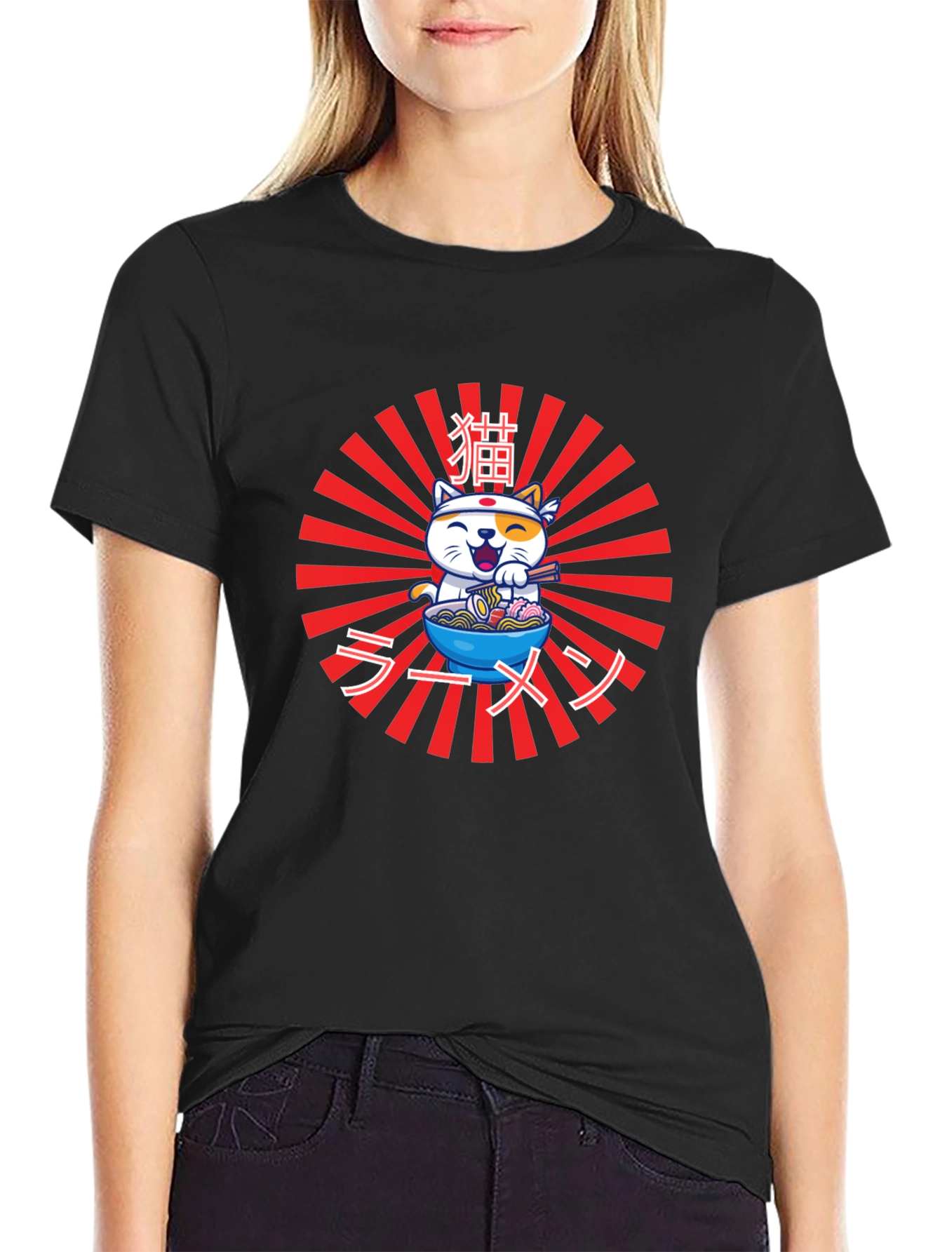 Black Ramen Cat T-Shirt - Japanese Anime Style view 2