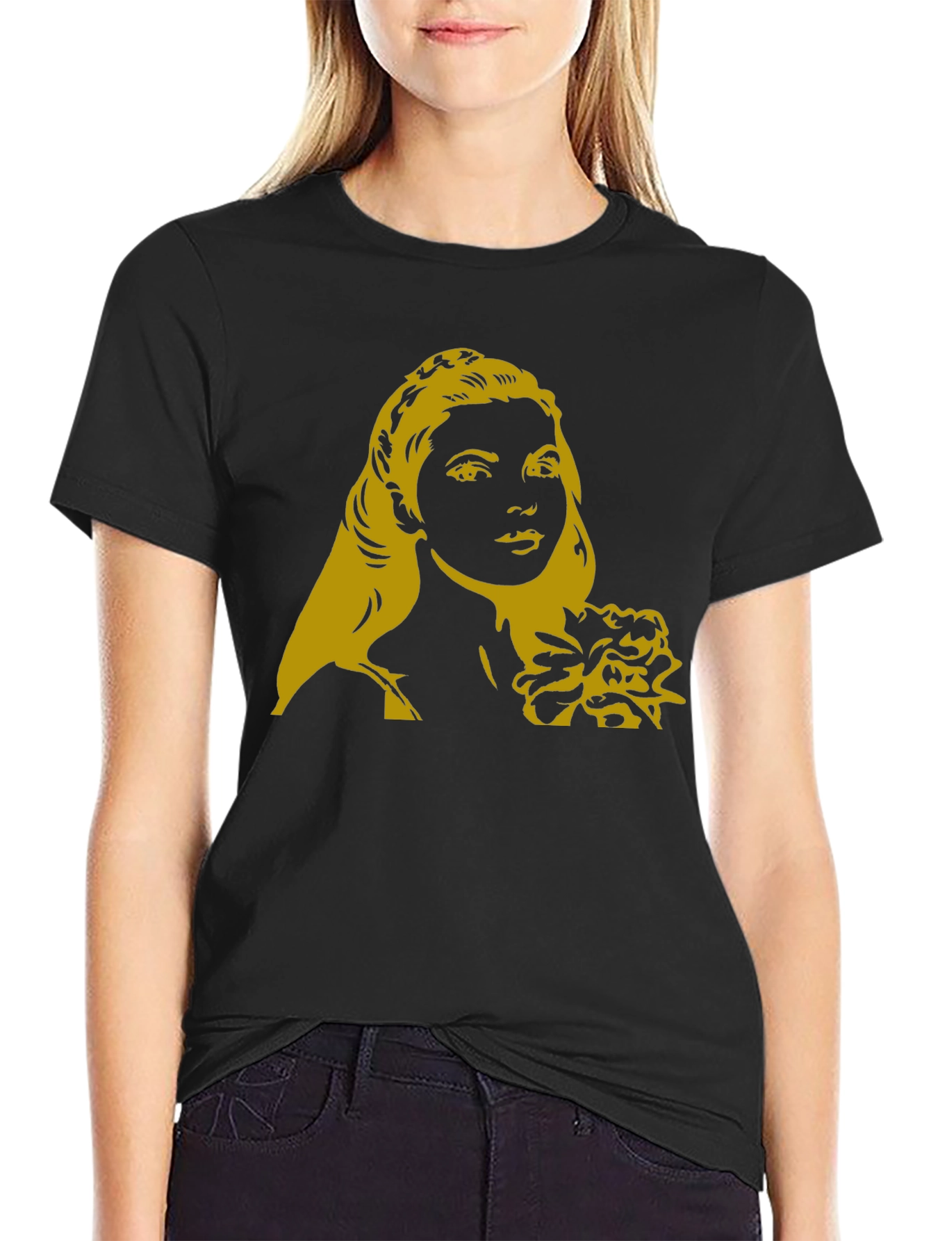 Black Woman's Portrait Graphic Tee - Black Casual Top view 2