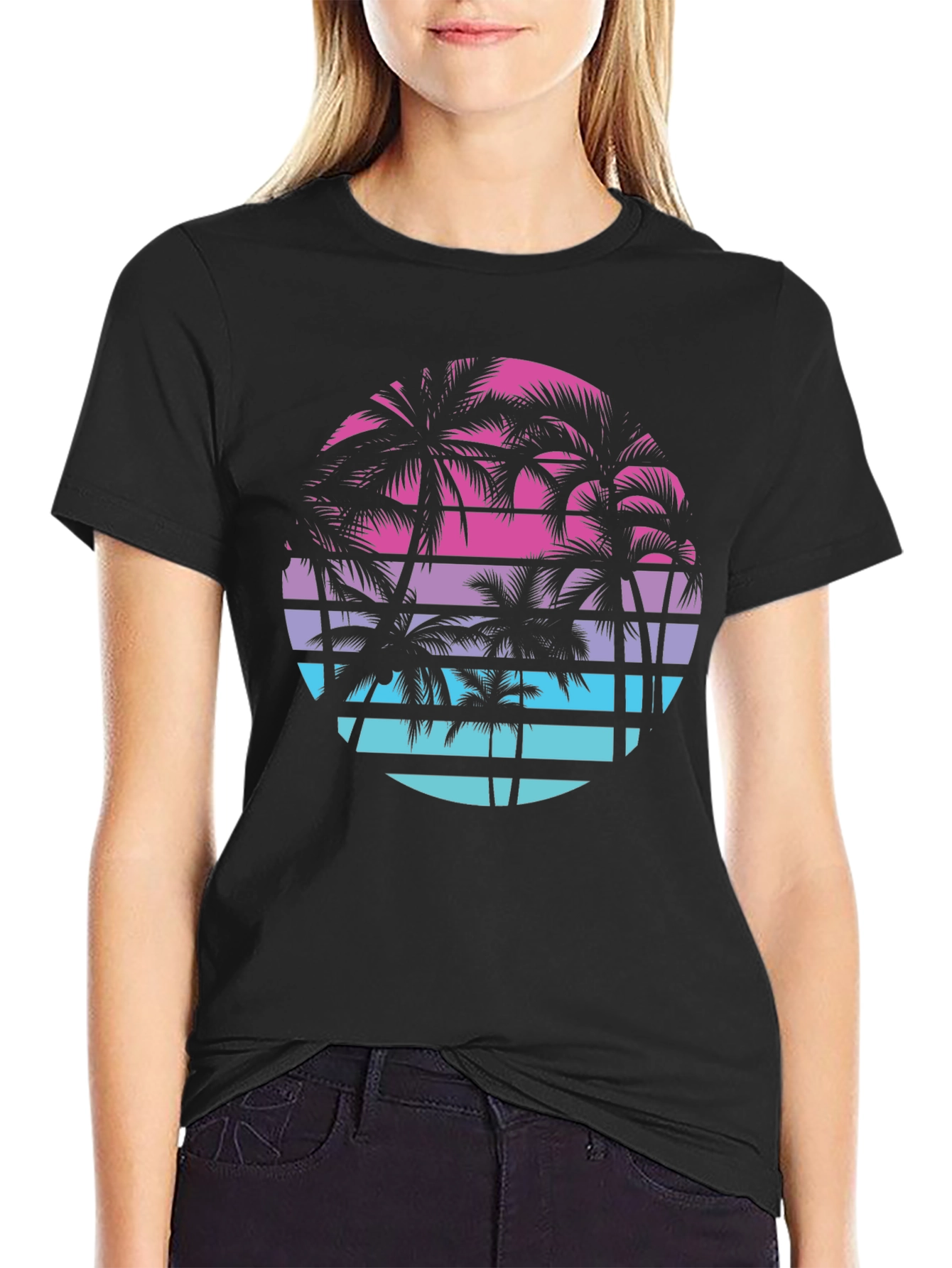 Black Retro Palm Tree Sunset T-Shirt view 2