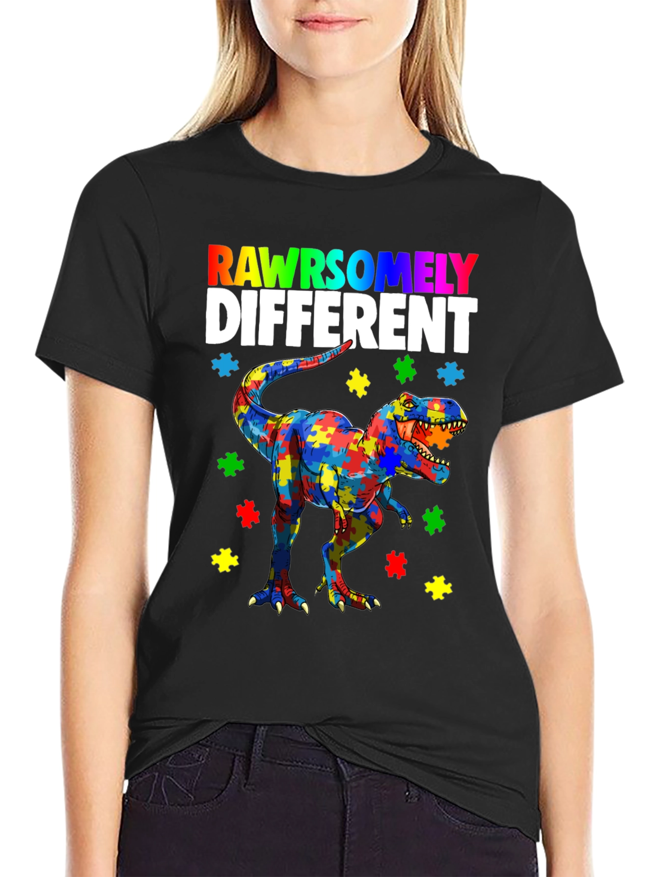 Black RAWRSOMELY DIFFERENT Autism Dinosaur T-Shirt view 2