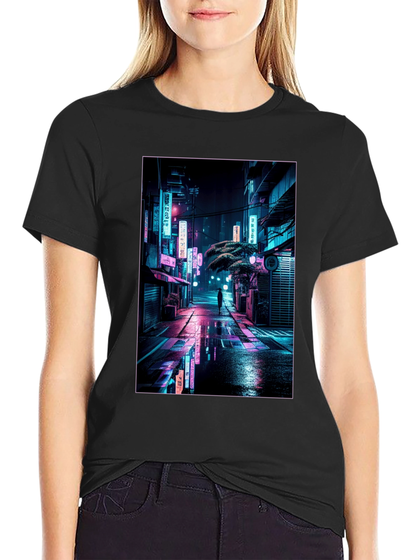 Black Neon Cityscape Graphic Tee view 2