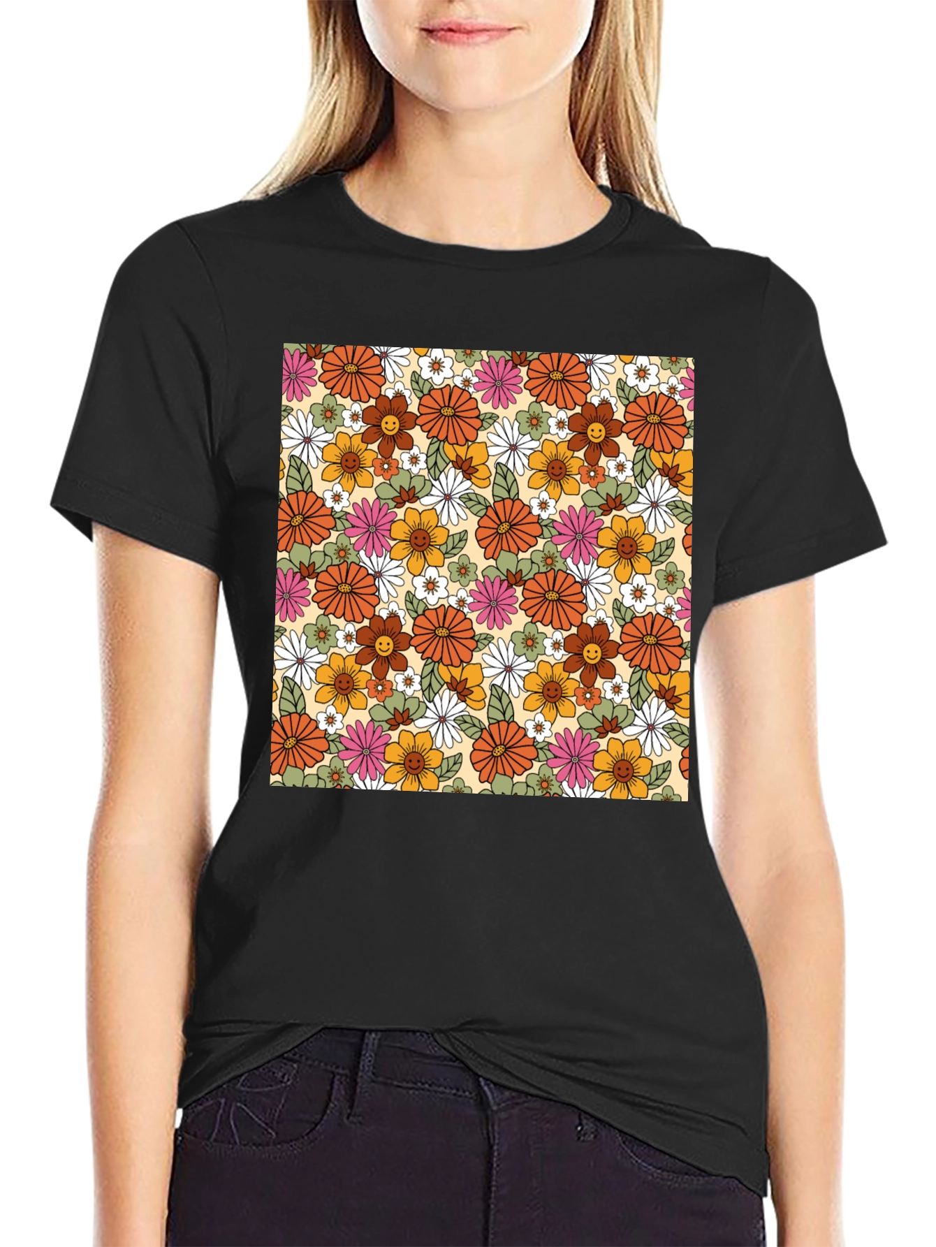 Black Retro Floral T-Shirt - Vintage Style view 2