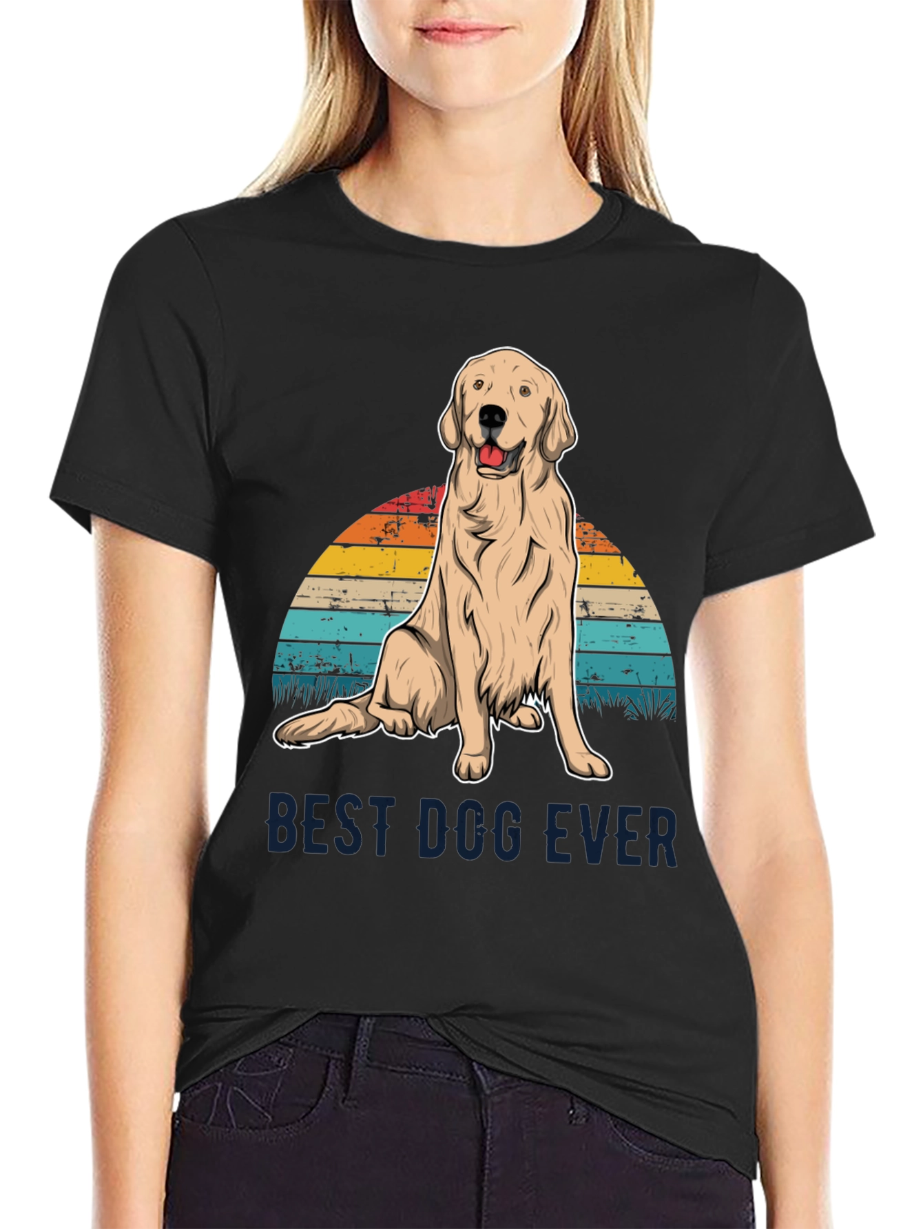 Black Best Dog Ever Graphic Tee - Golden Retriever Sunset T-Shirt view 2