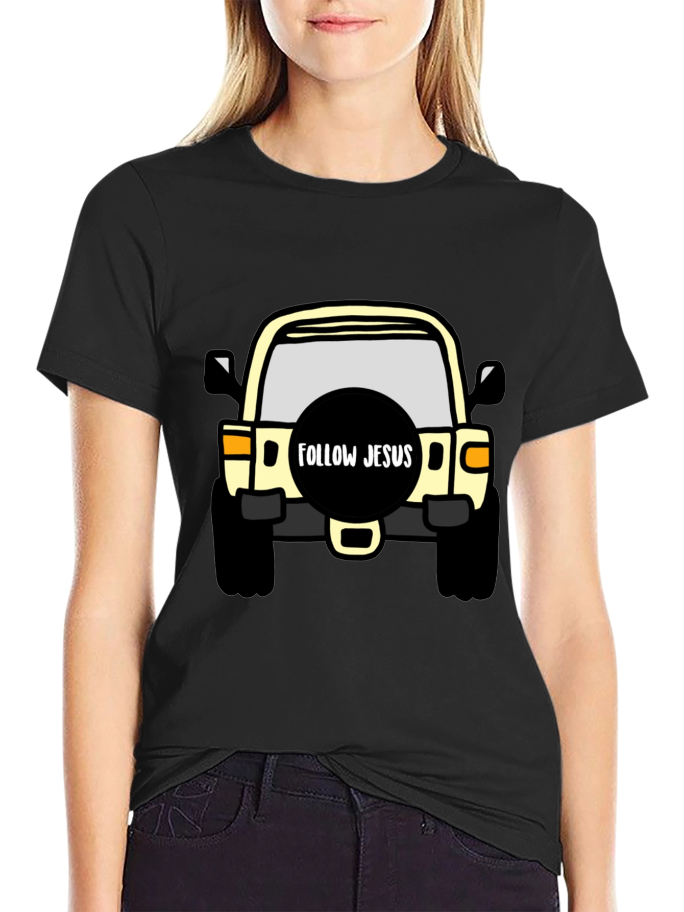 Black Follow Jesus Jeep T-Shirt - Black Cotton Tee view 2