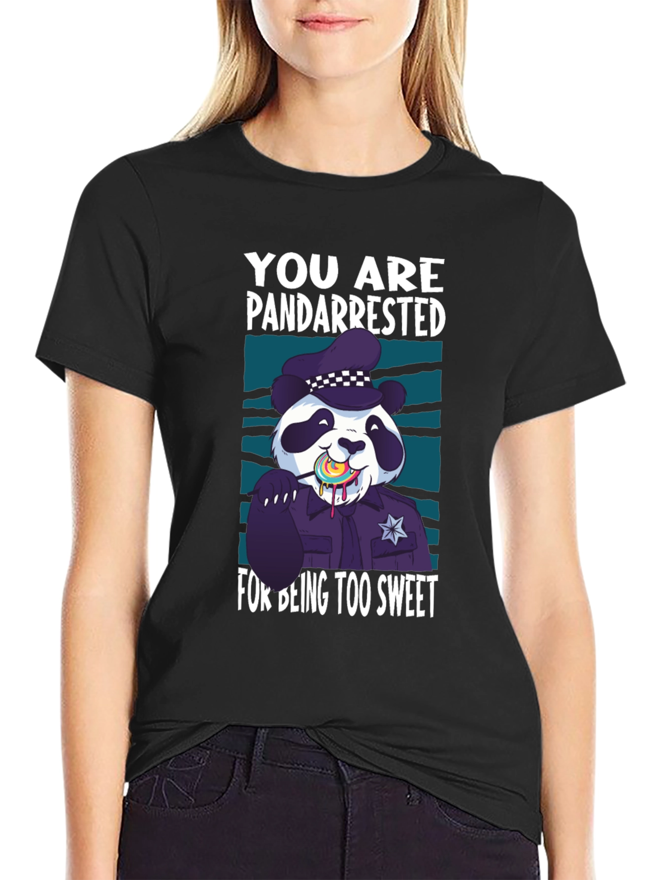 Black Pandarrested T-Shirt - Sweet Panda Police Design view 2