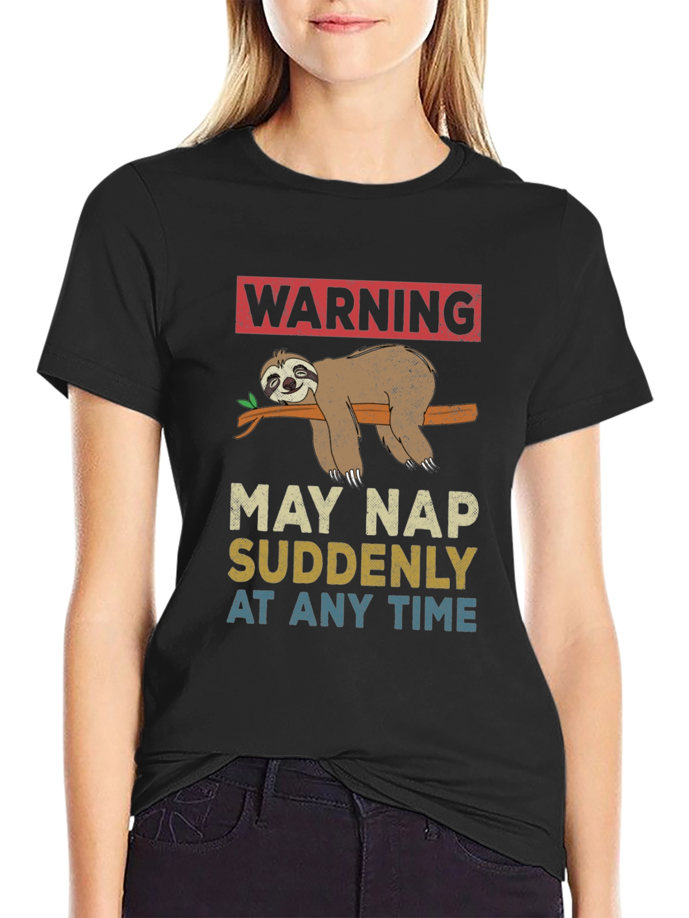 Black Warning May Nap Suddenly Sloth Graphic Tee view 2