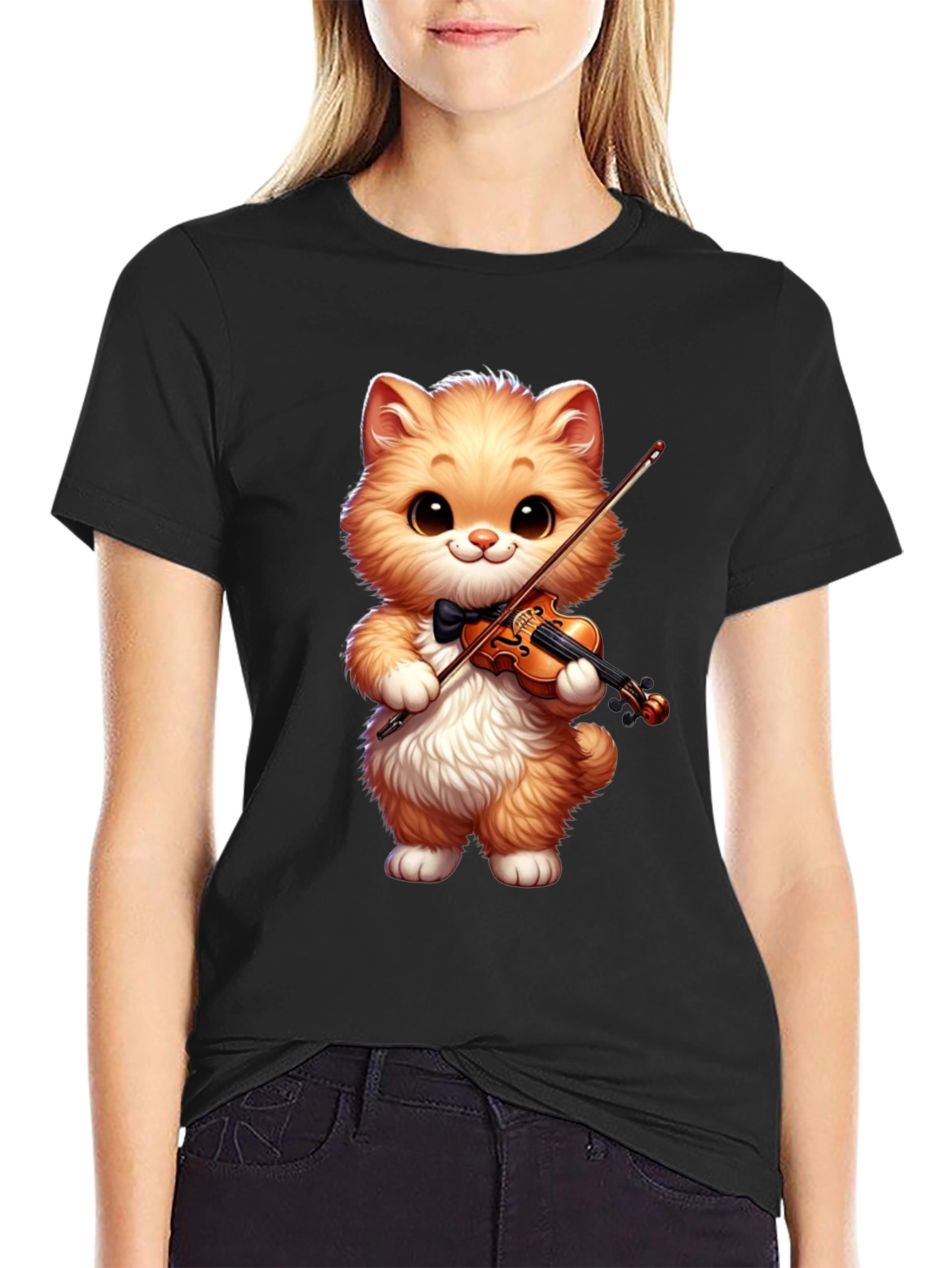 Black Cat Violinist Black T-Shirt view 2