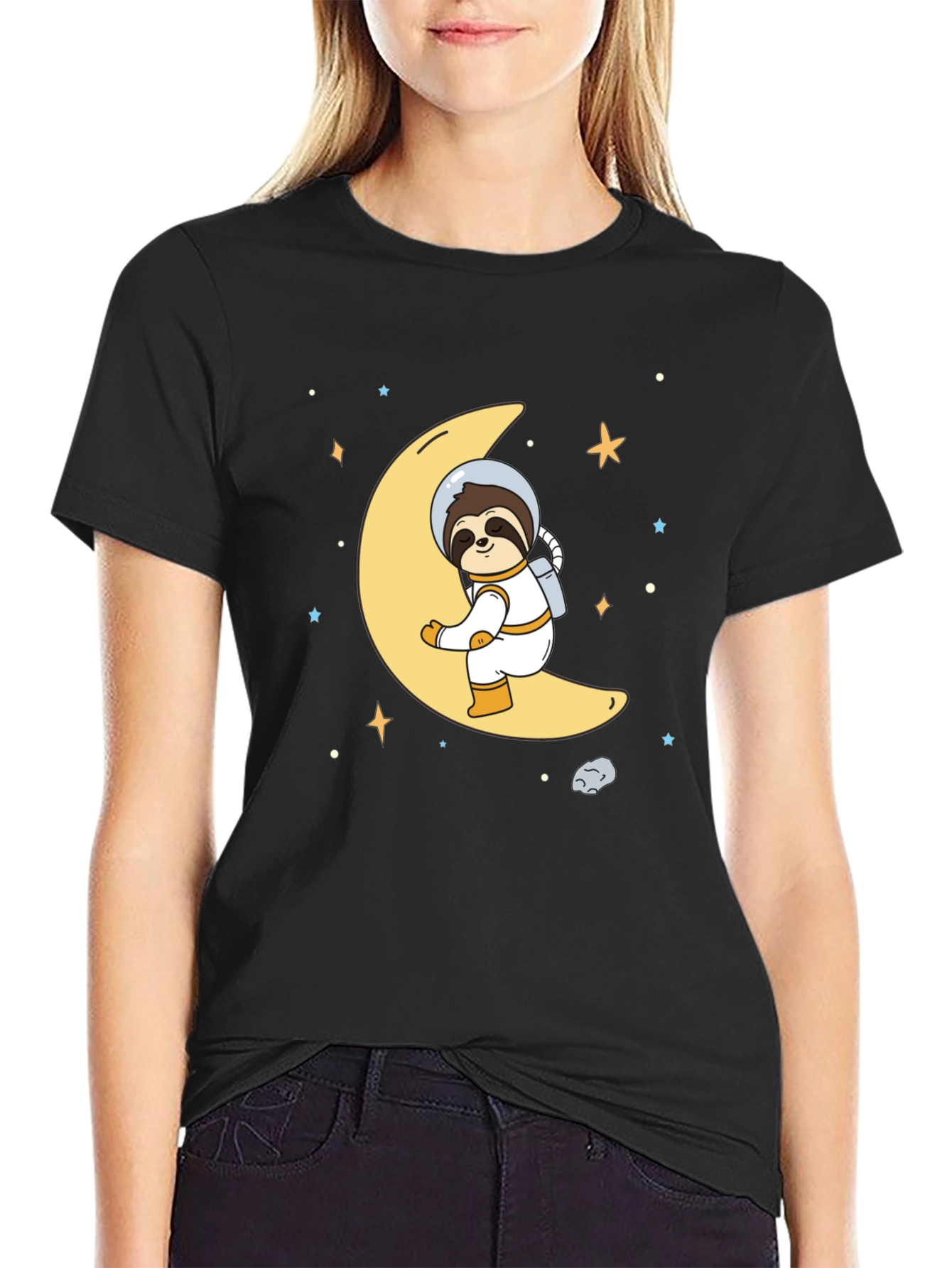 Black Astronaut Sloth on Moon Graphic T-Shirt view 2