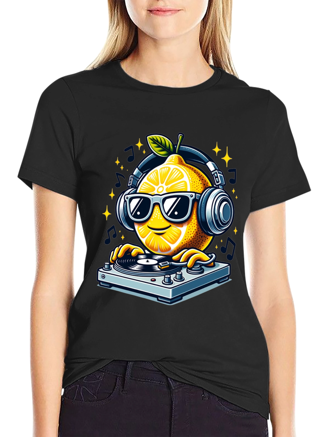 Black DJ Lemon Graphic T-Shirt - Funky Turntable Design view 2