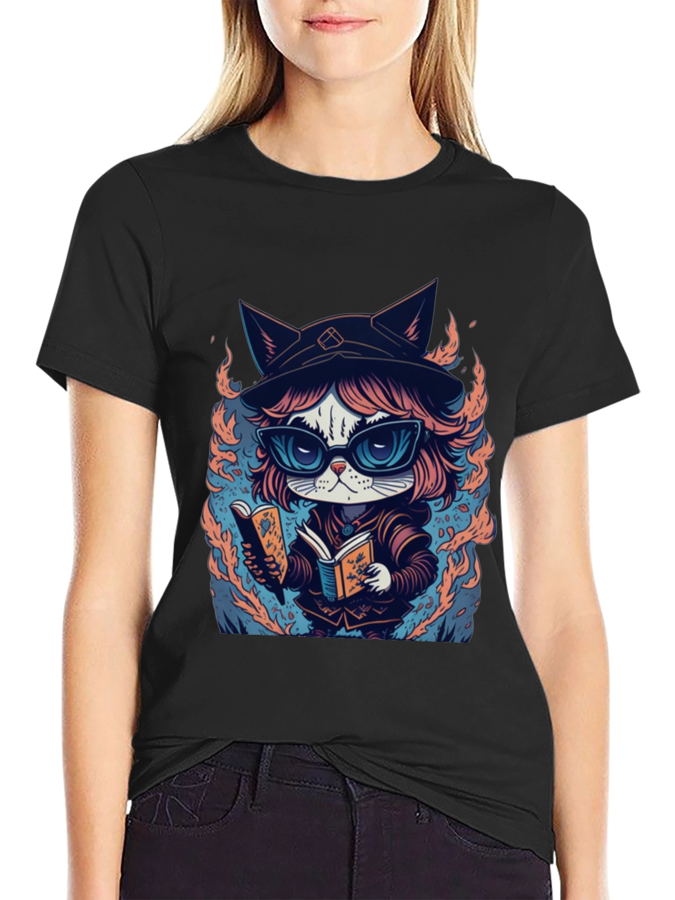 Black Wizard Cat T-Shirt - Bookish Feline Design view 2