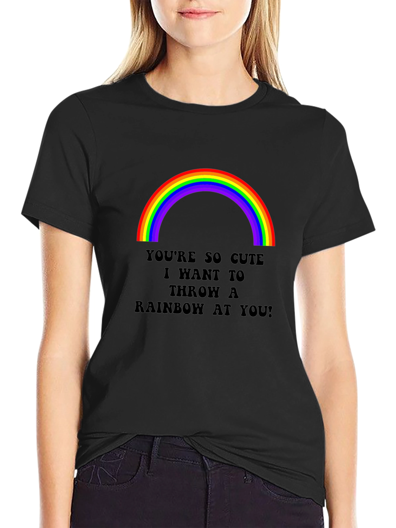 Black Cute Rainbow Graphic Tee - "Throw a Rainbow at You!" view 2