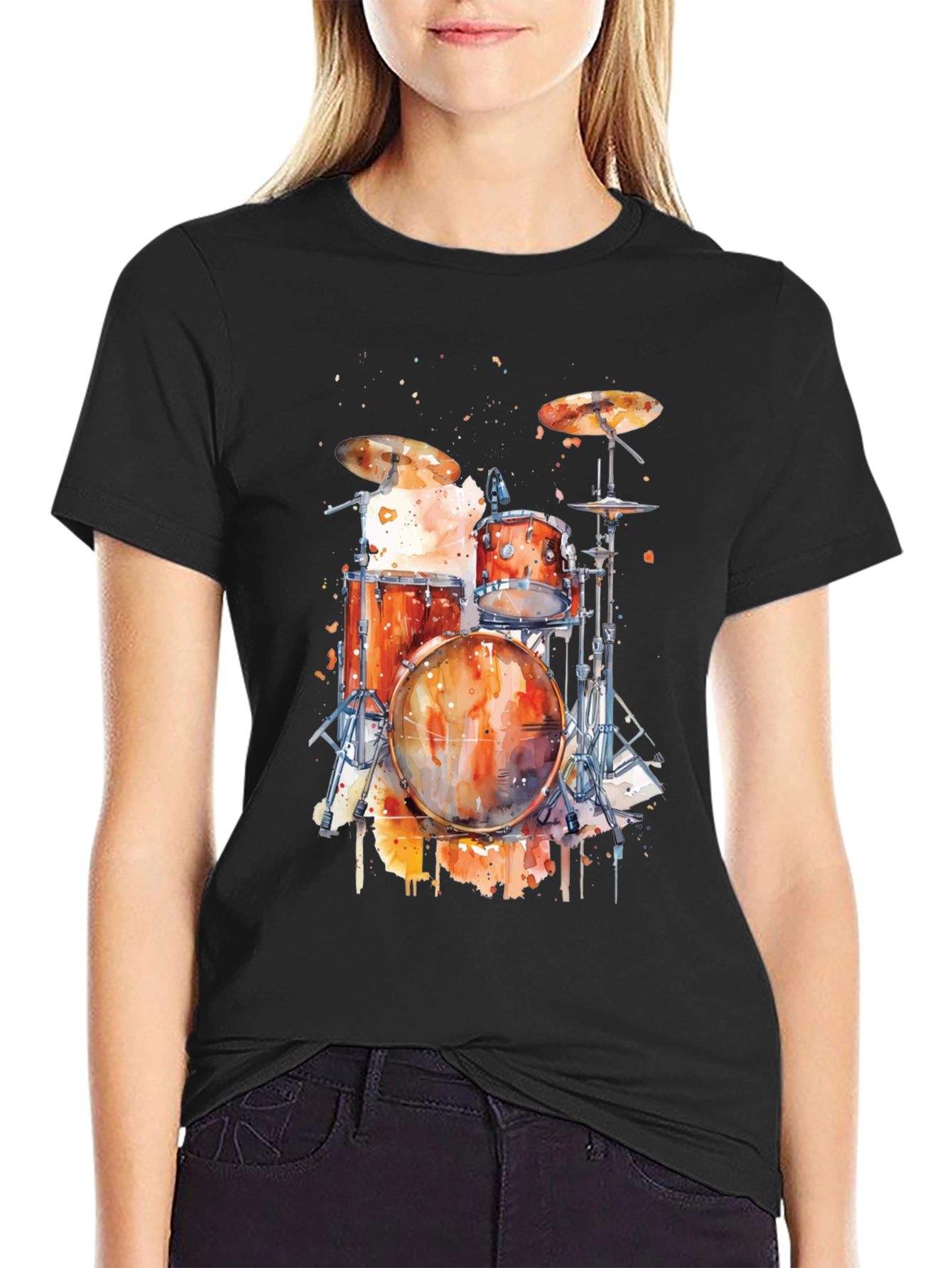 Black Drum Set Watercolor Graphic Tee view 2