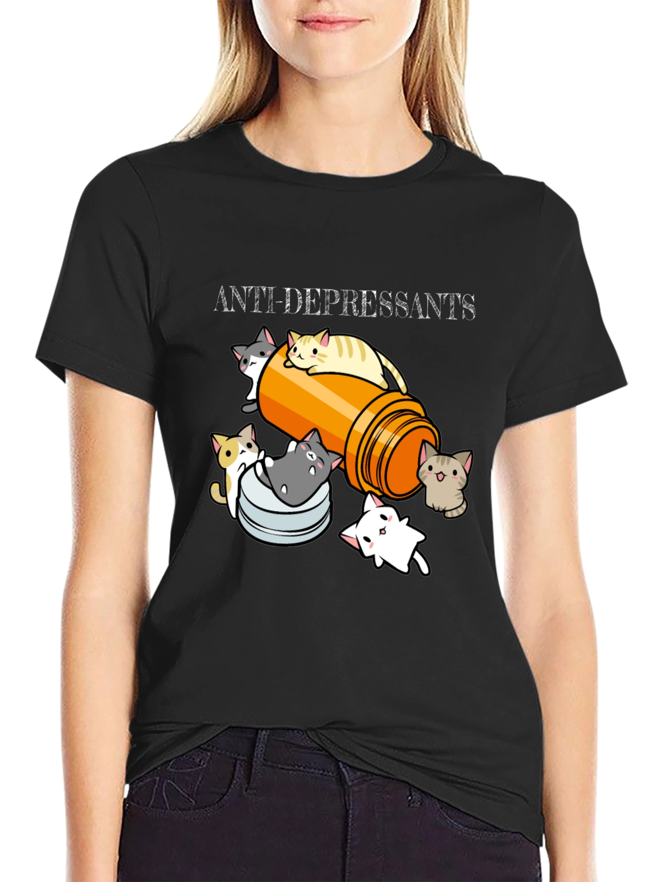 Black Anti-Depressants Kitten T-Shirt view 2