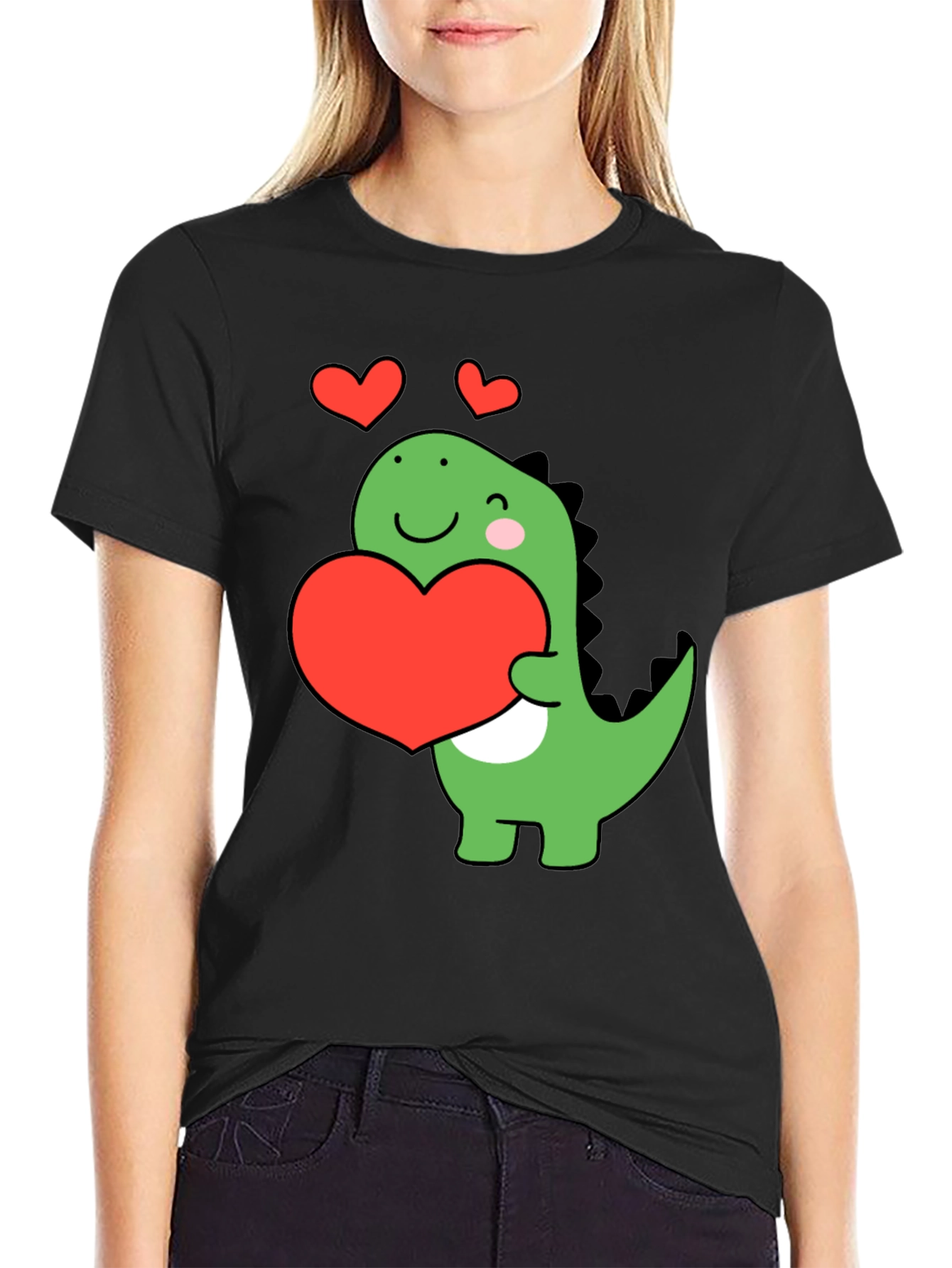 Black Cute Dinosaur Holding Heart T-Shirt view 2