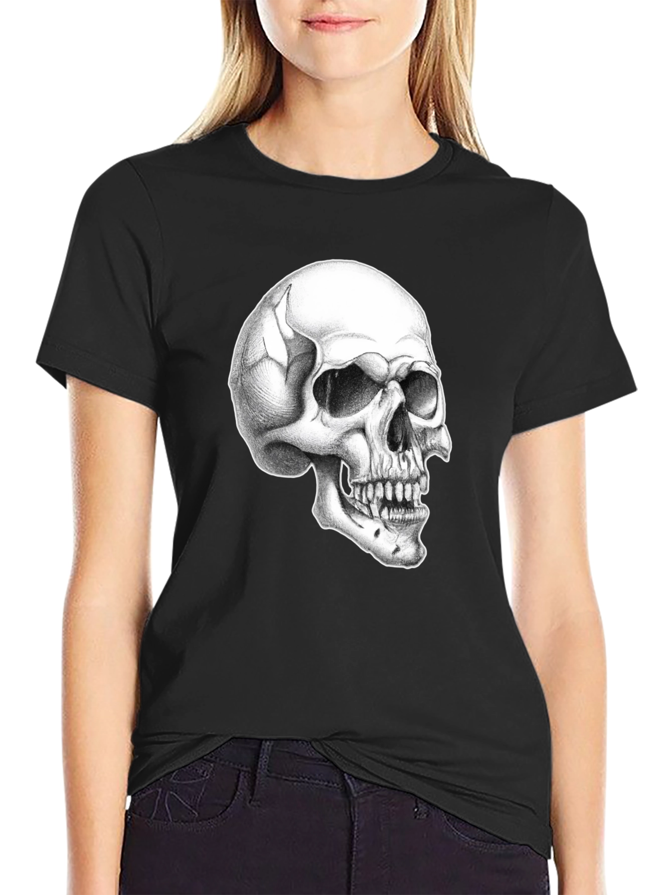 Black Skull Graphic Tee - Classic Black Cotton T-Shirt view 2