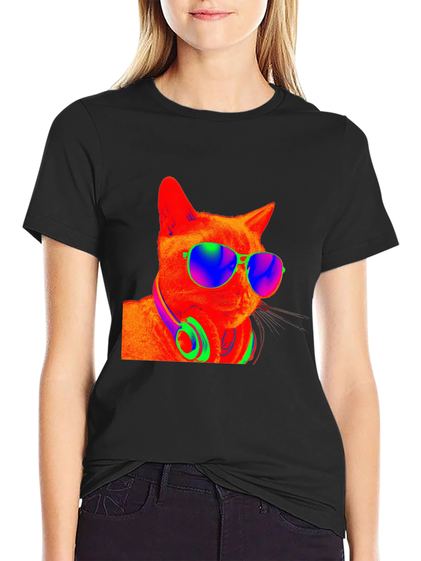 Black Cool Cat Tee - Funky Shades & Headphones view 2