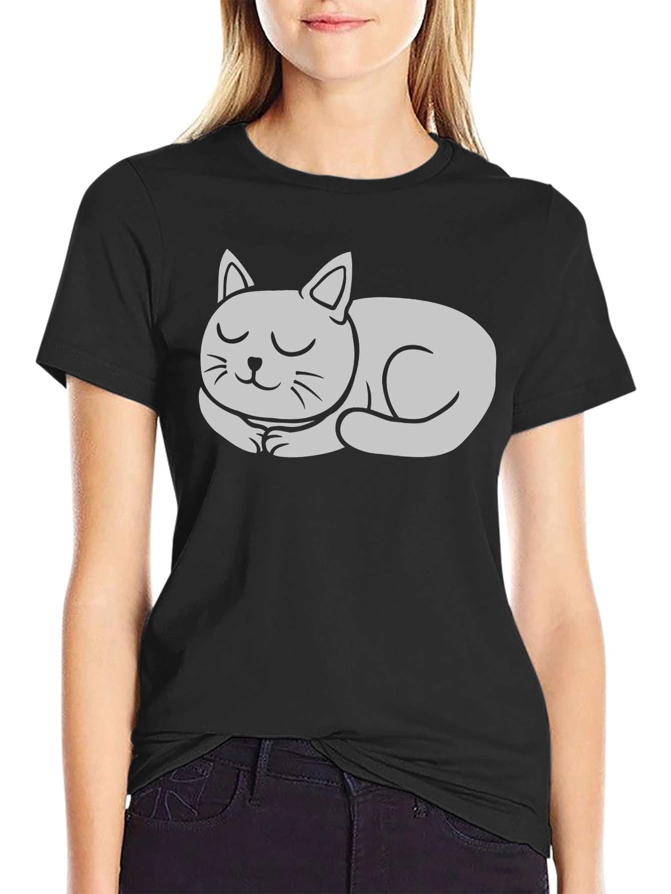 Black Sleeping Cat Graphic Tee - Black Cotton T-Shirt view 2