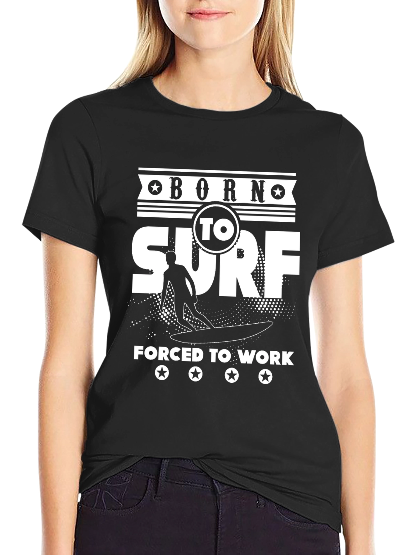 Black Born to Surf T-Shirt - Forced to Work Funny Surfer Tee view 2