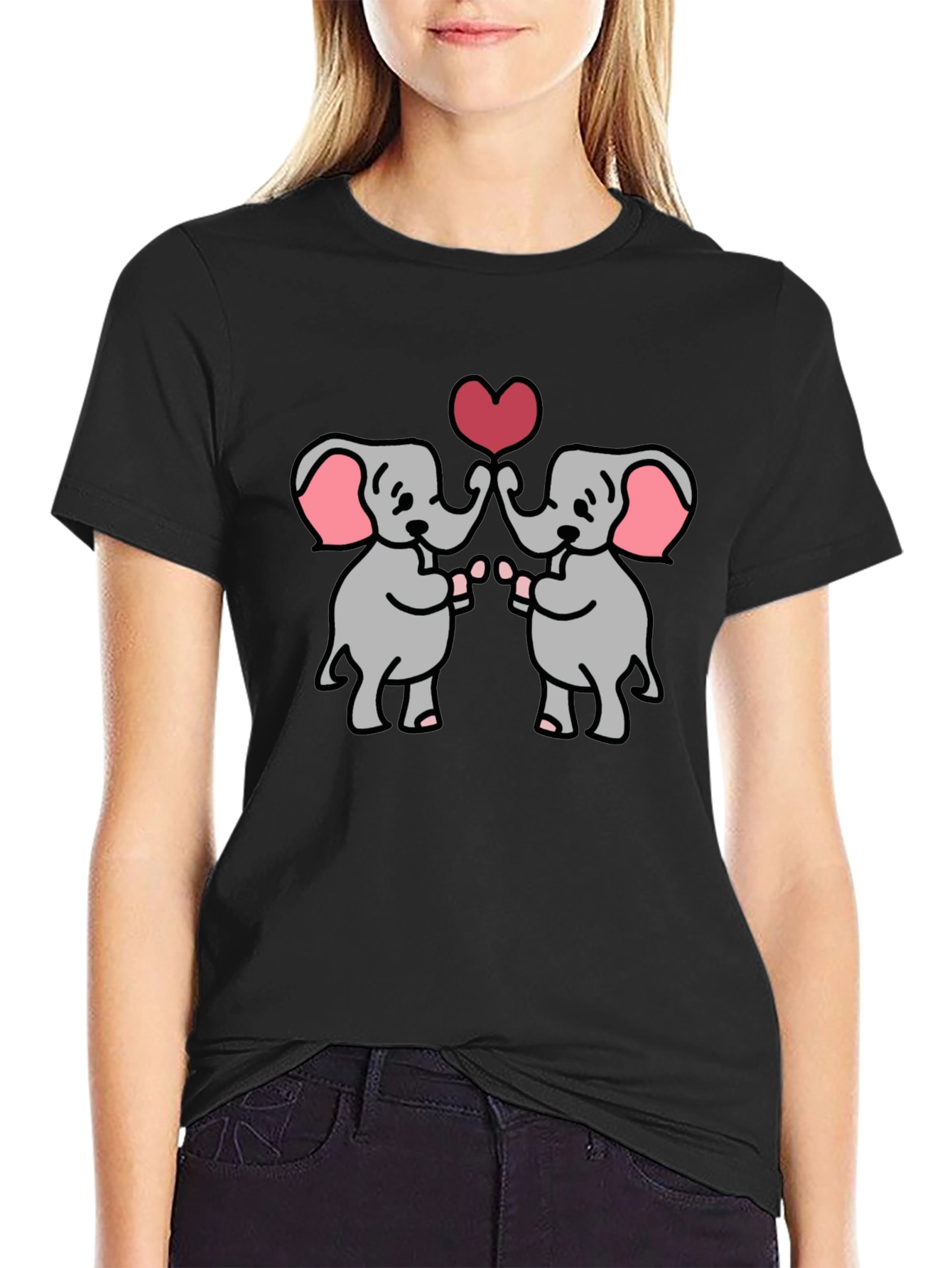Black Cute Elephants Heart Graphic T-Shirt view 2