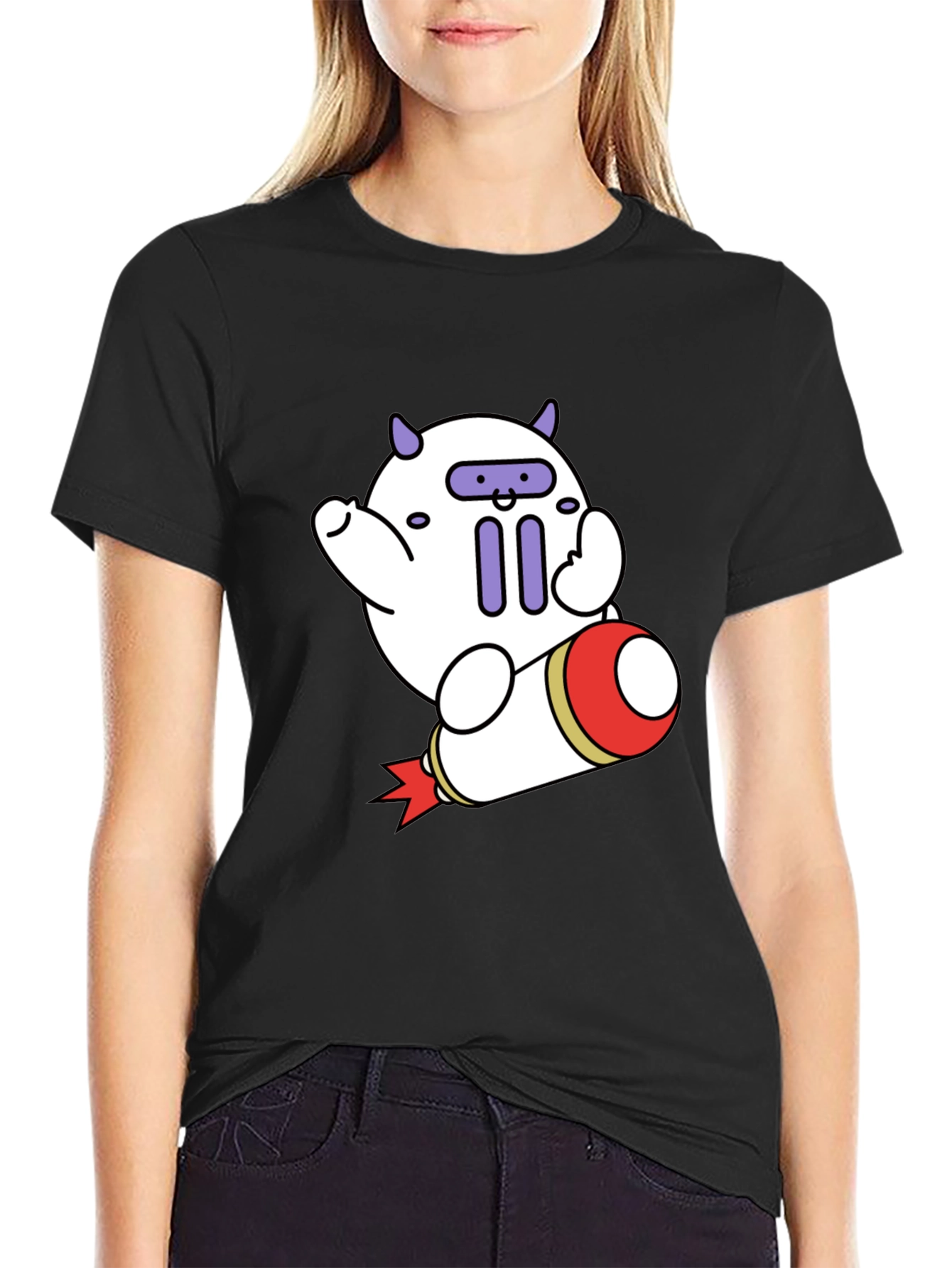 Black Cute Cartoon Rocket T-Shirt view 2