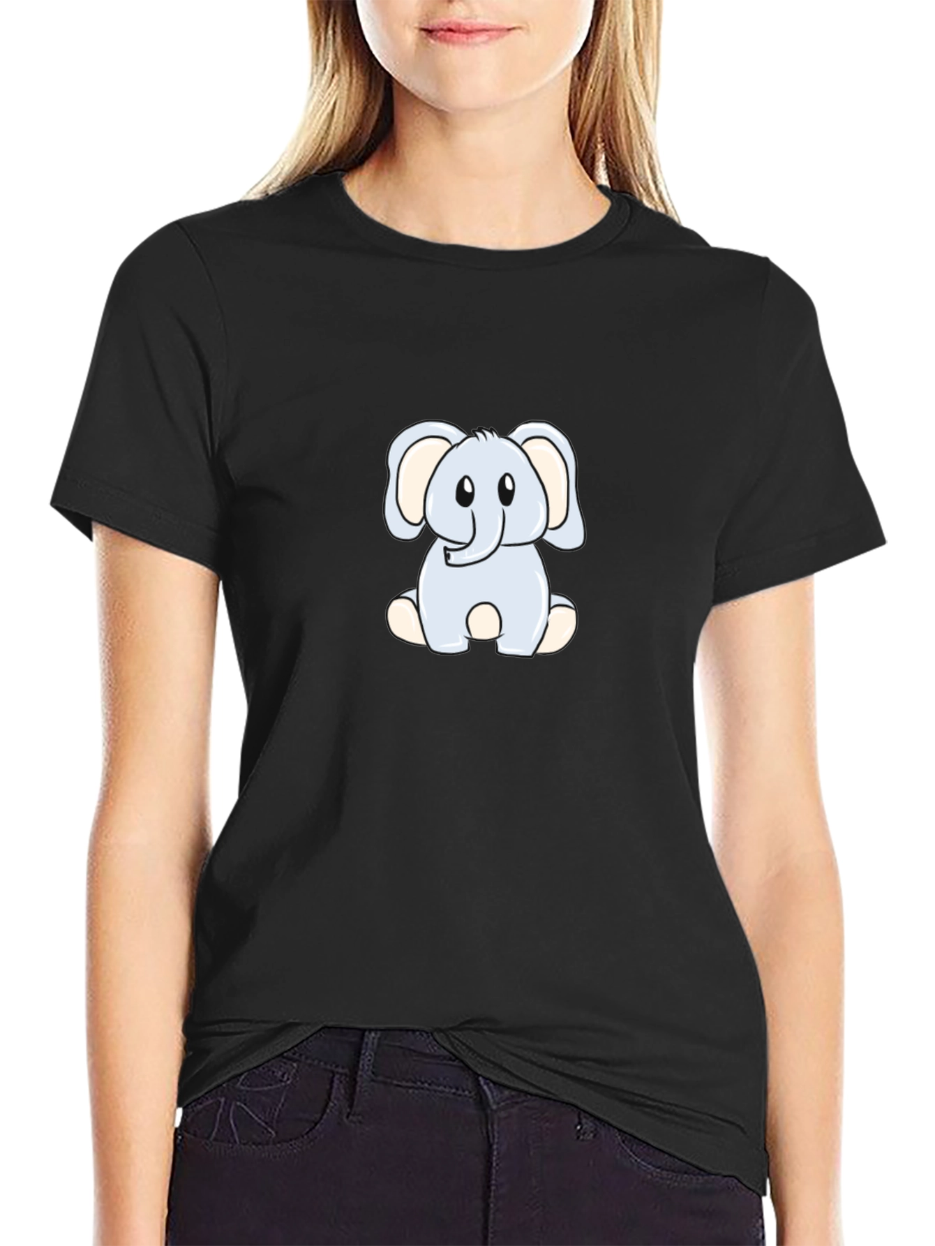 Black Cute Elephant Graphic Tee - Black Cotton Shirt view 2