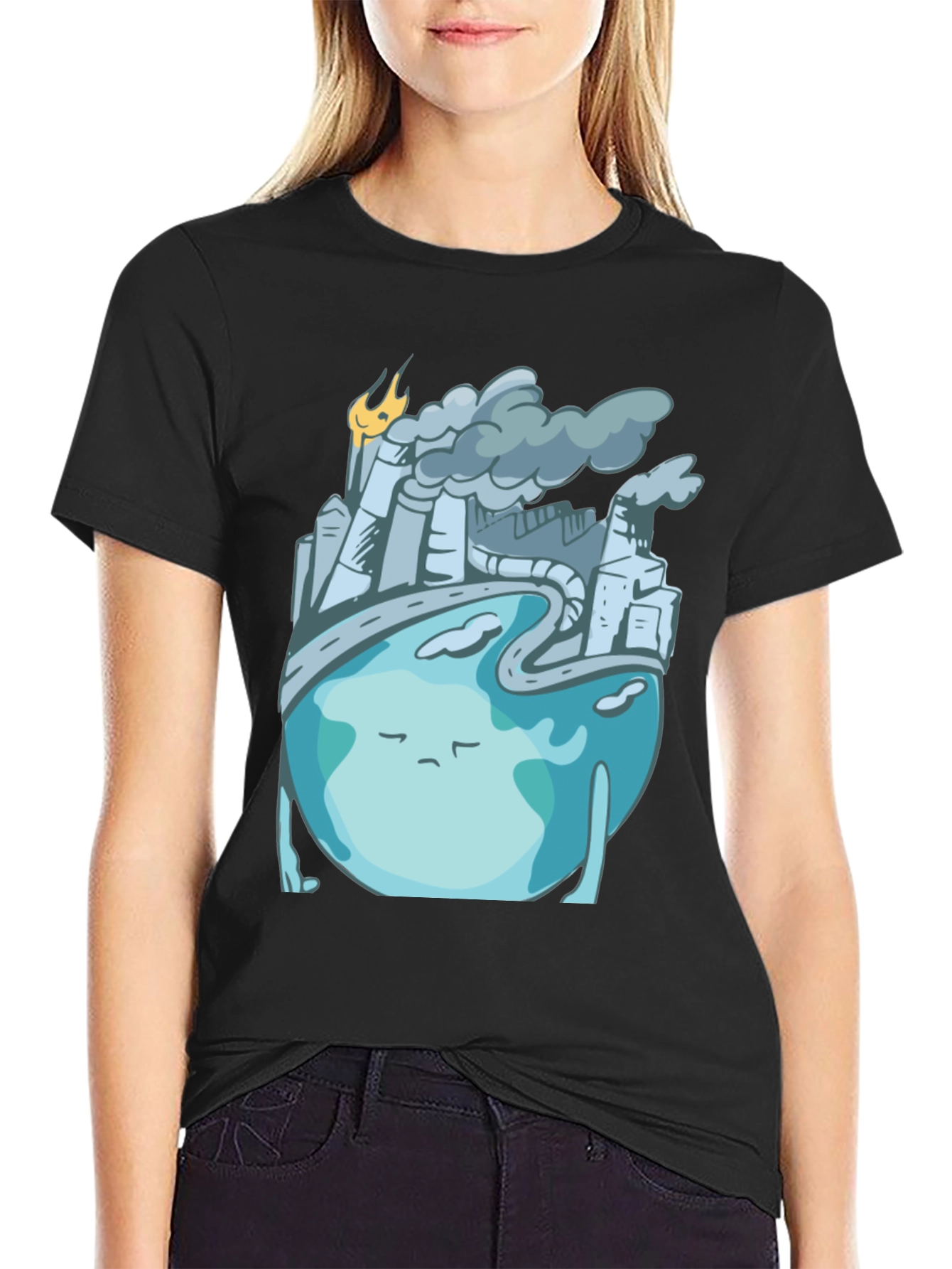 Black Sad Earth Pollution T-Shirt view 2