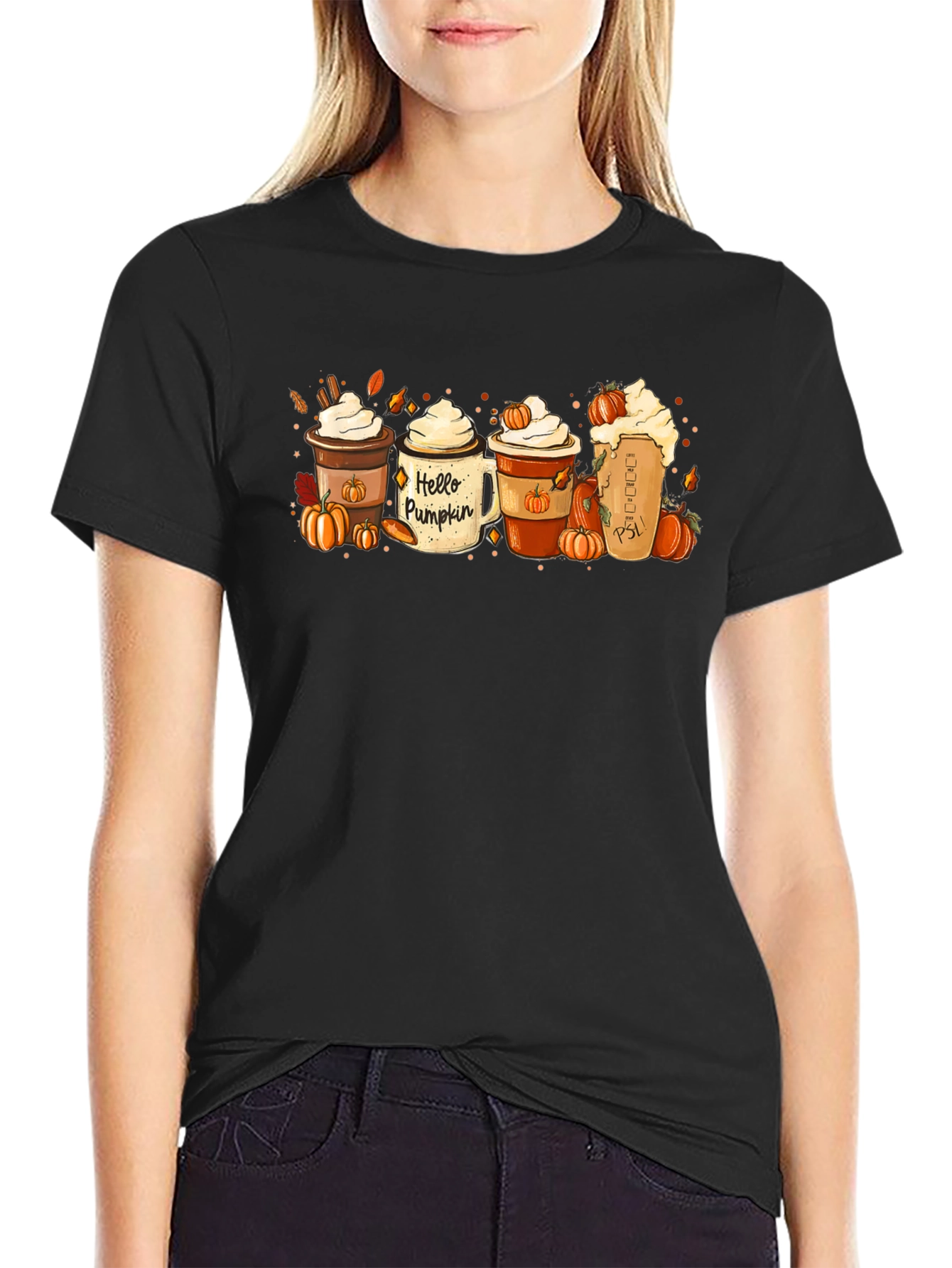 Black Hello Pumpkin Coffee T-Shirt view 2