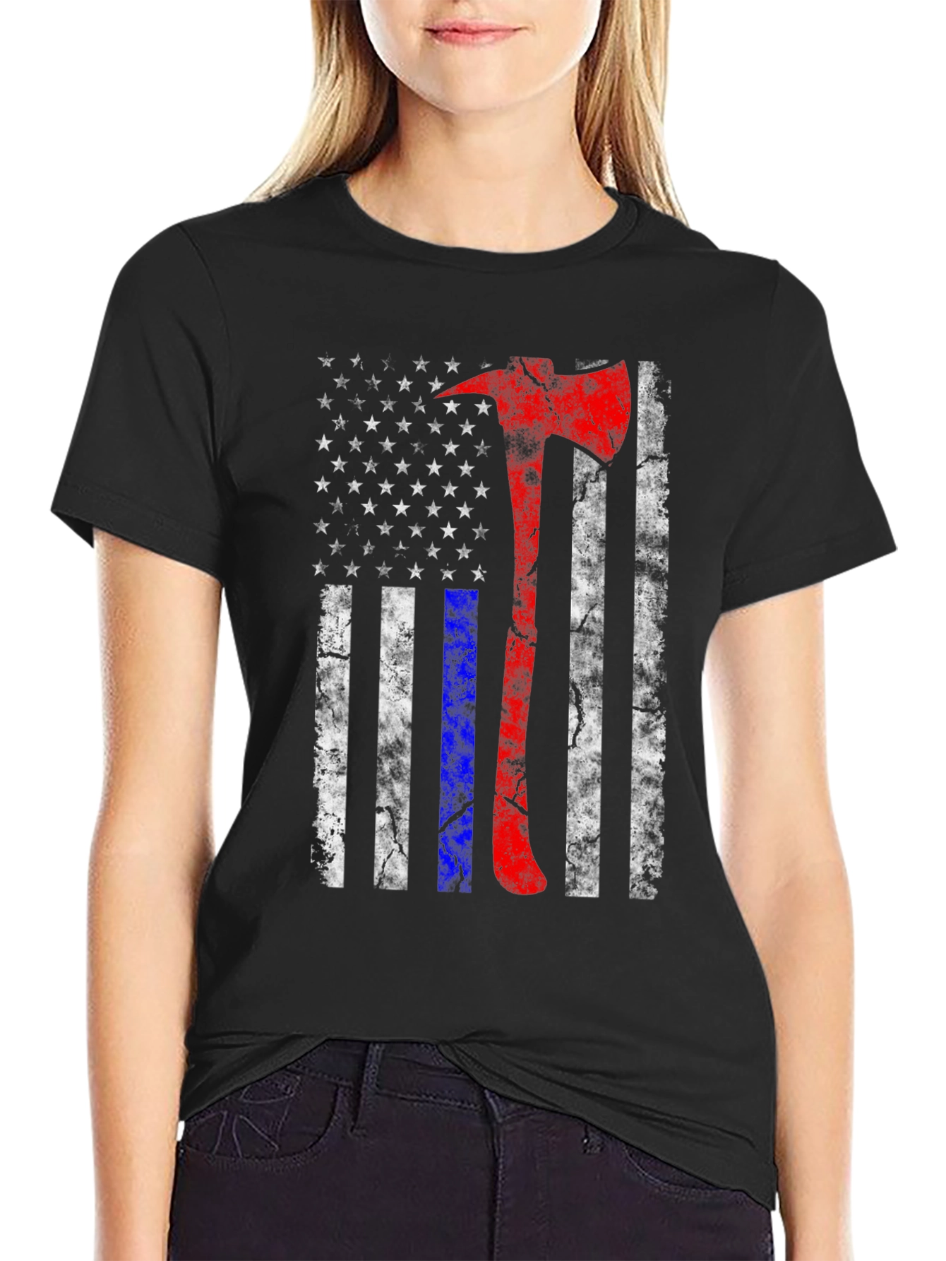 Black Firefighter Axe American Flag T-Shirt view 2