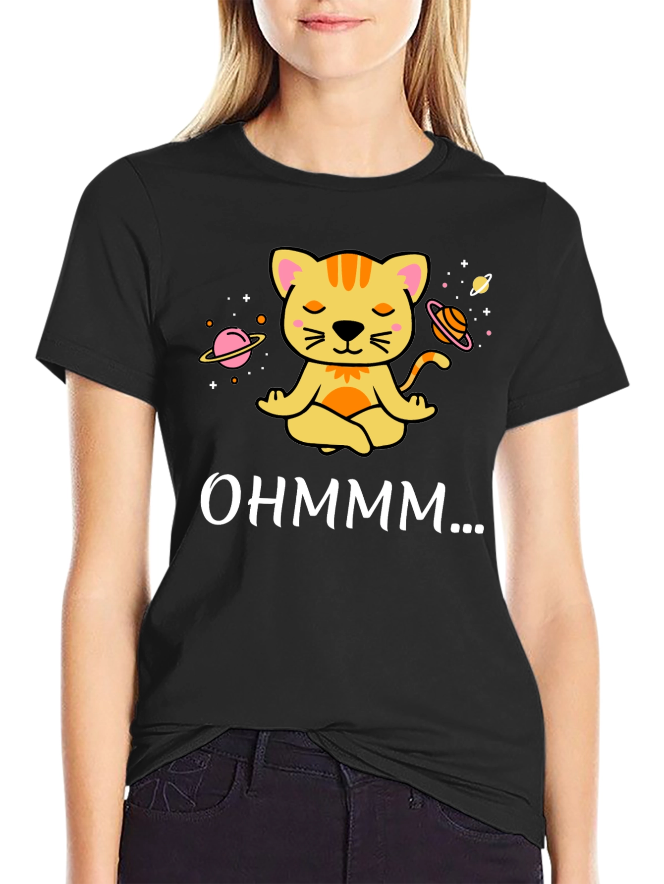 Black Zen Cat Meditation T-Shirt - Ohm Planets view 2
