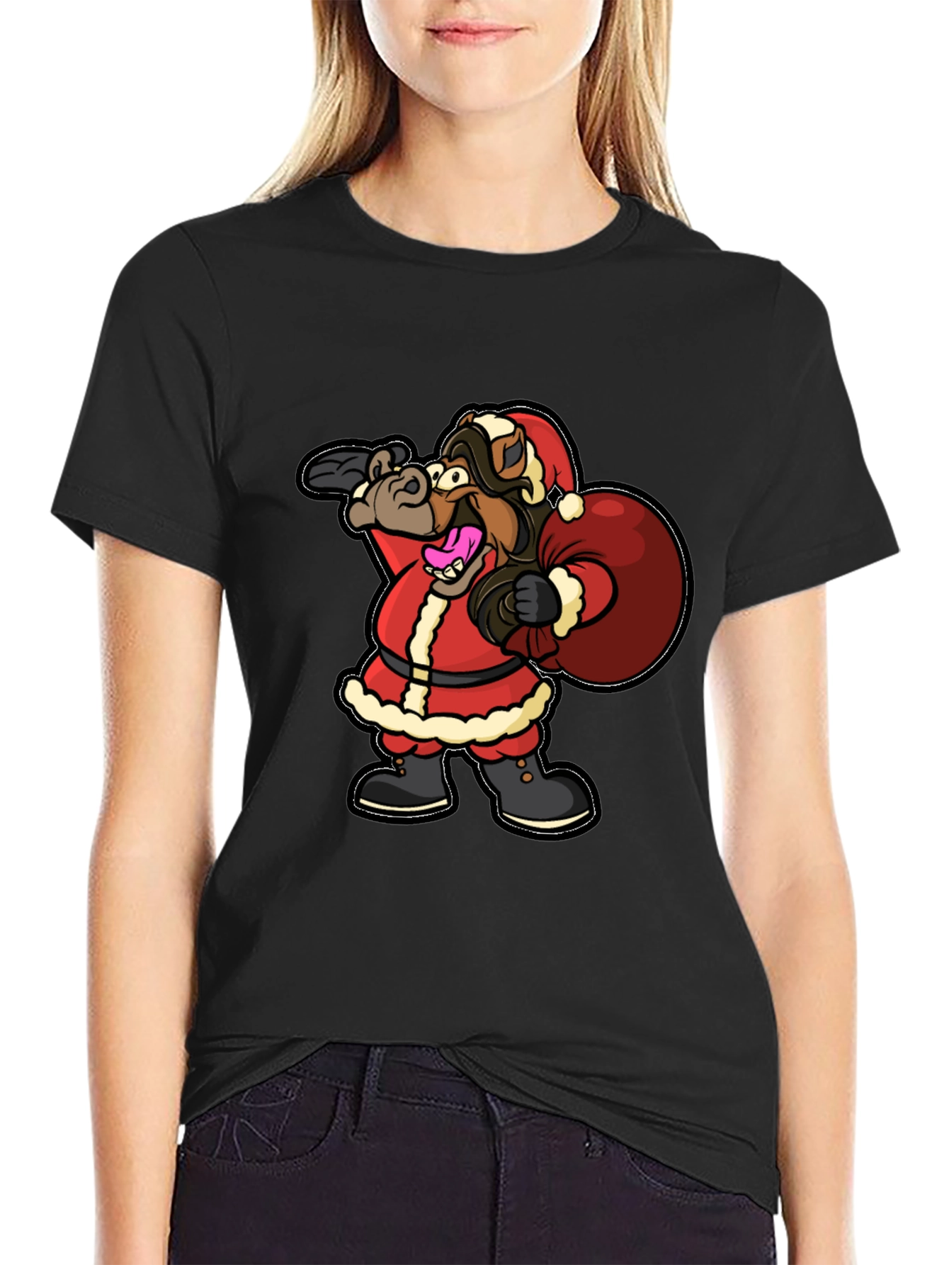 Black Funny Horse Santa Christmas Black T-Shirt view 2