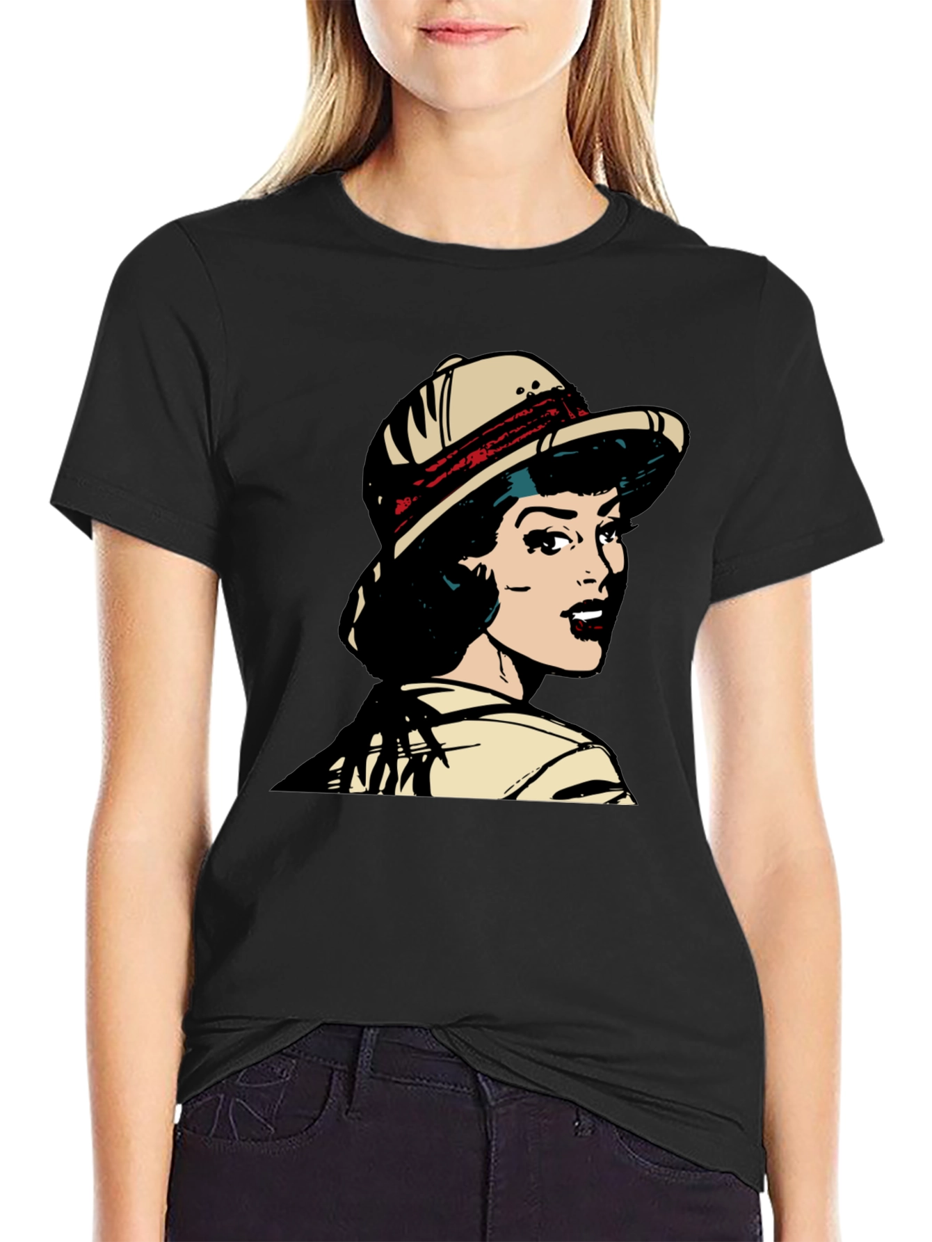 Black Retro Pop Art T-Shirt - Safari Girl Graphic Tee view 2