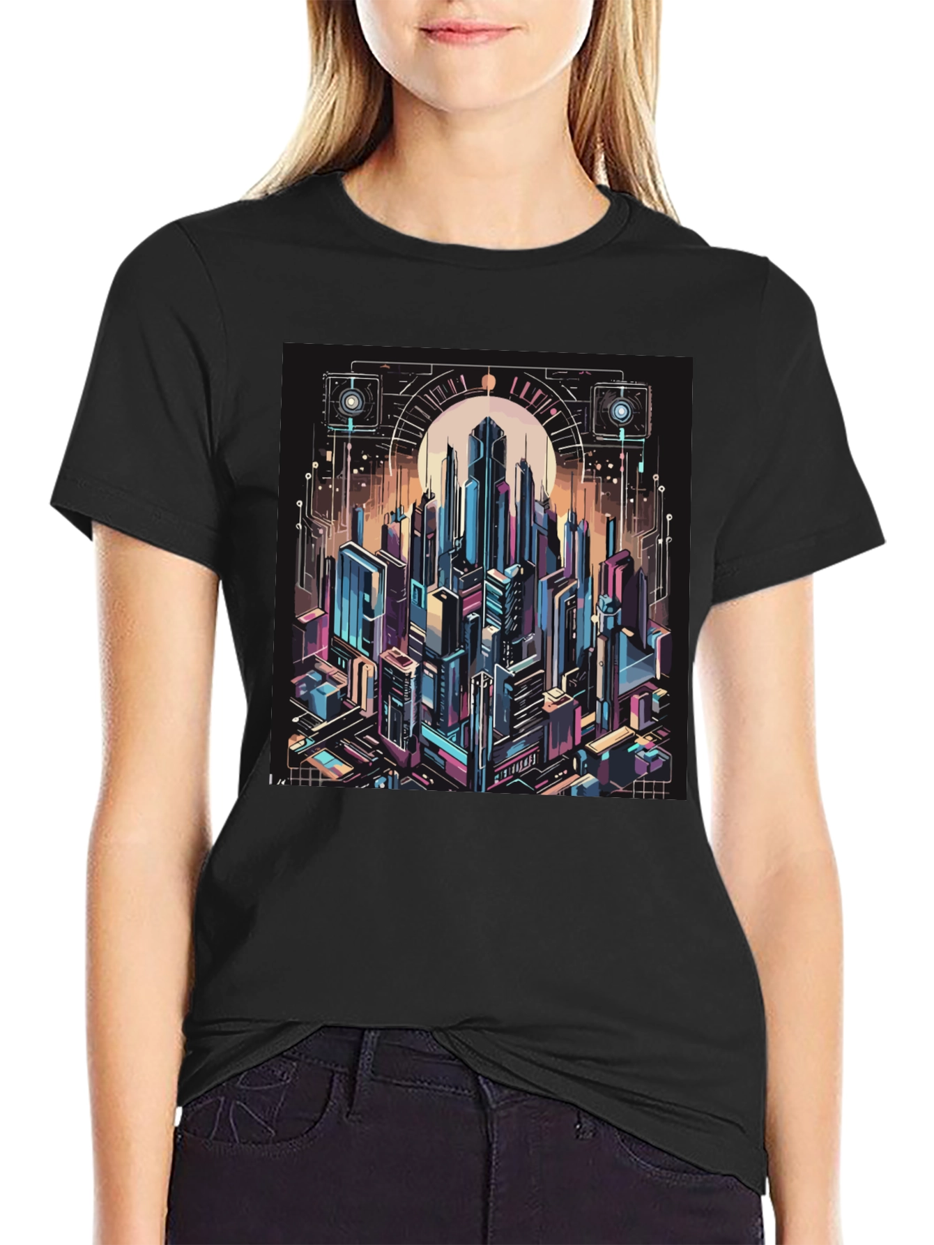 Black Cyberpunk Cityscape Graphic Tee - Black view 2