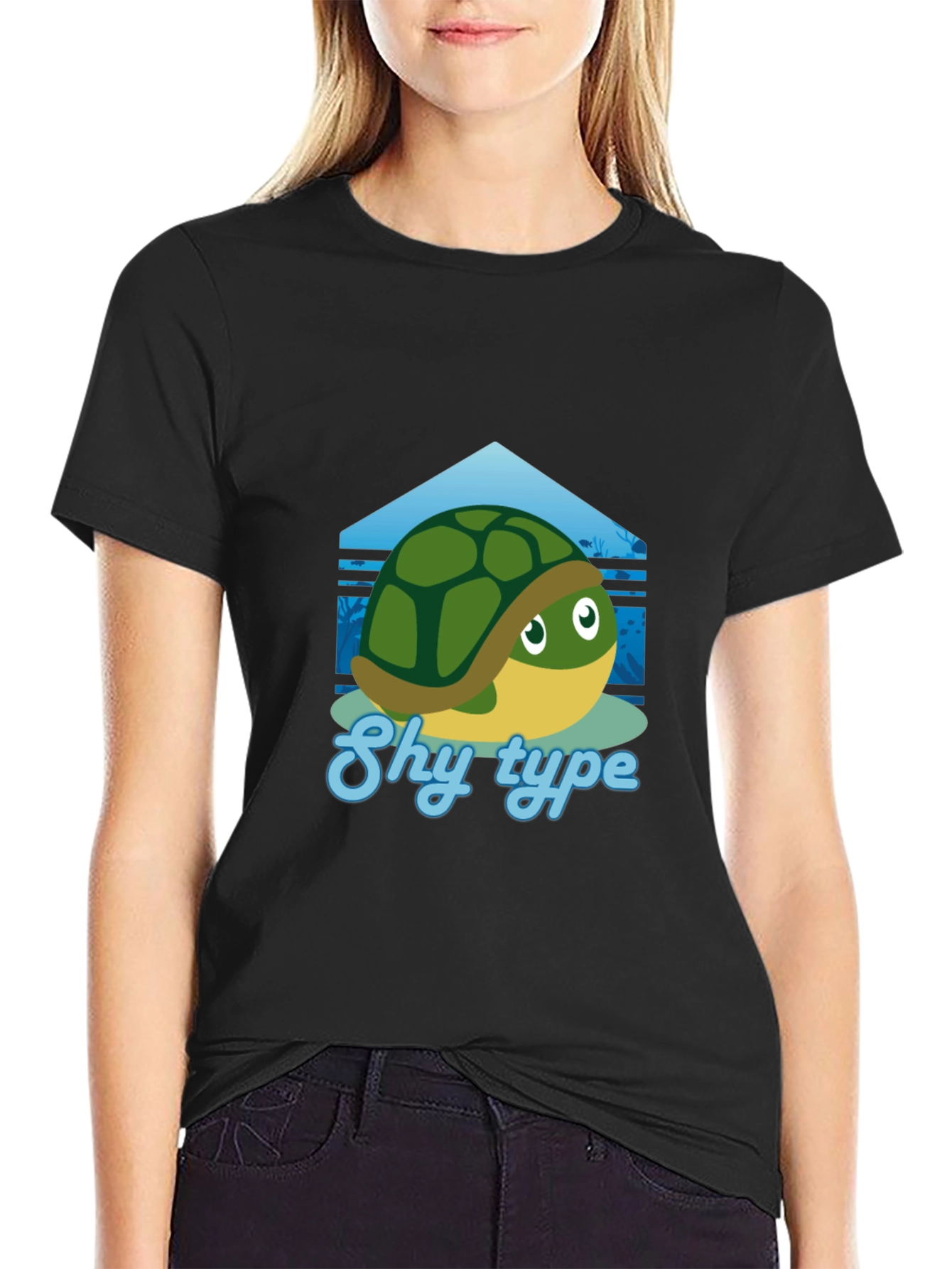 Black Shy Turtle Graphic T-Shirt - Cute Cartoon Design view 2