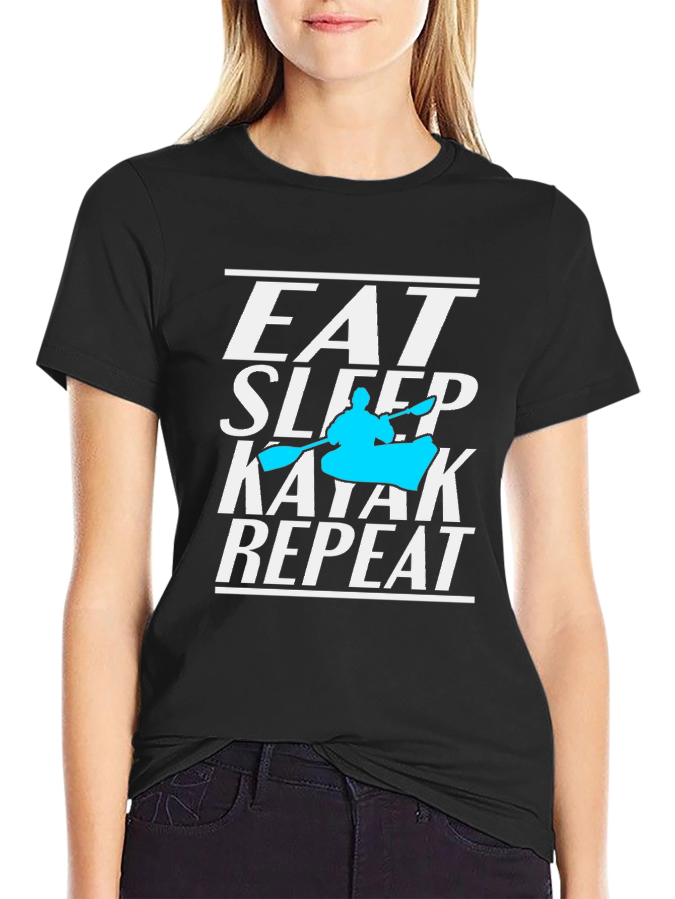 Black Eat Sleep Kayak Repeat T-Shirt, Kayaking Lover Tee view 2