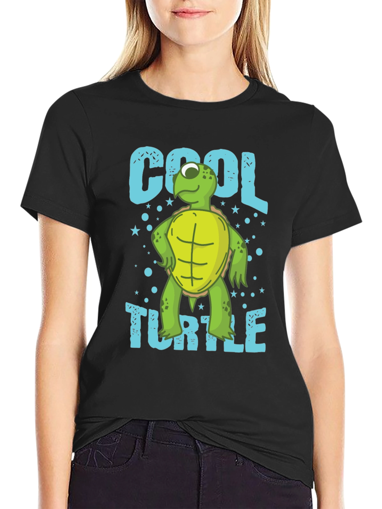 Black Cool Turtle Graphic T-Shirt, Men's Crew Neck view 2